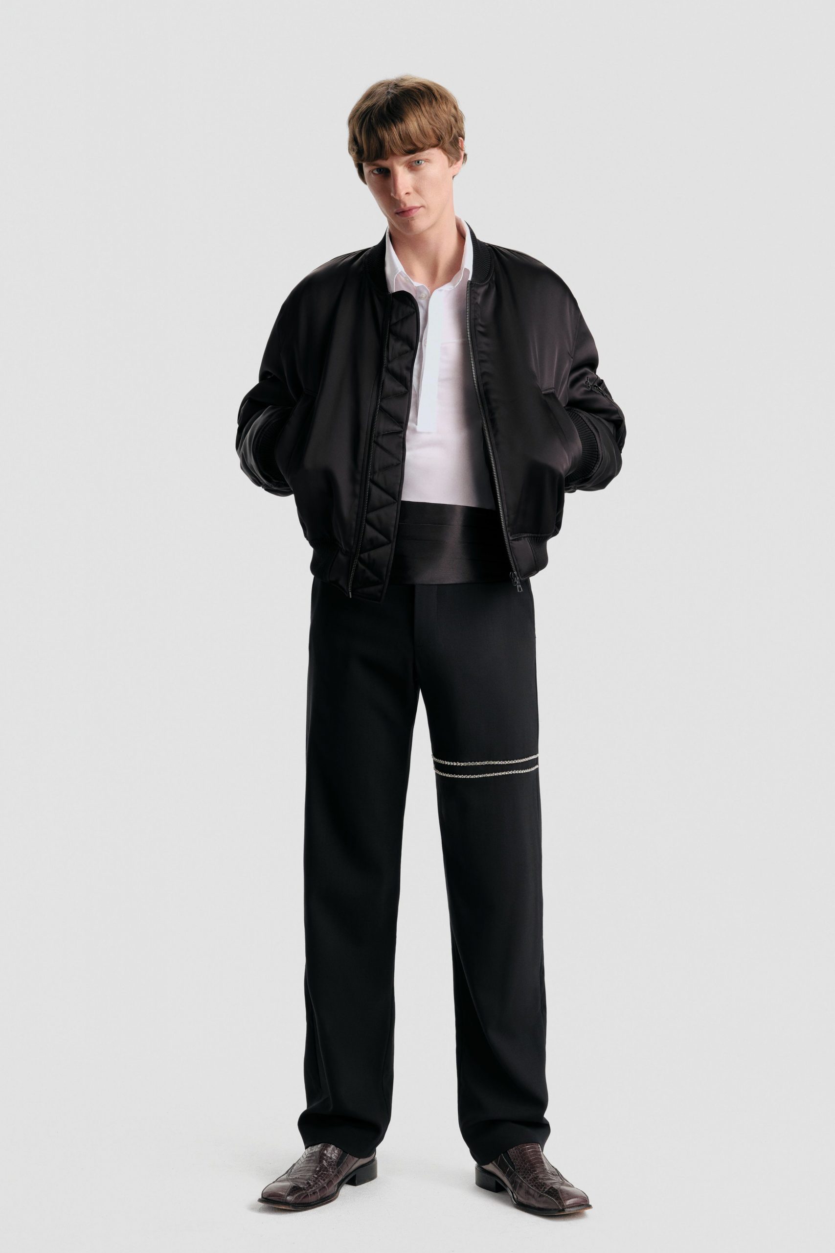 black satin jacket with white shirt