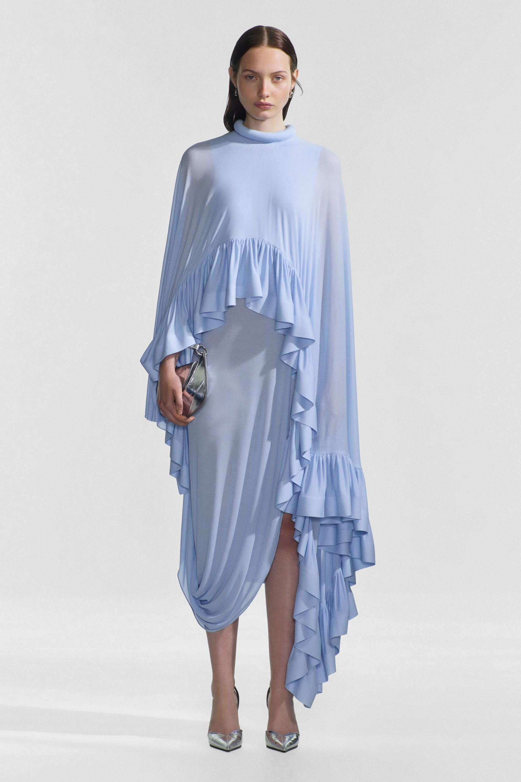 blue chiffon long-sleeve high-neck fitted ruffled draped dress