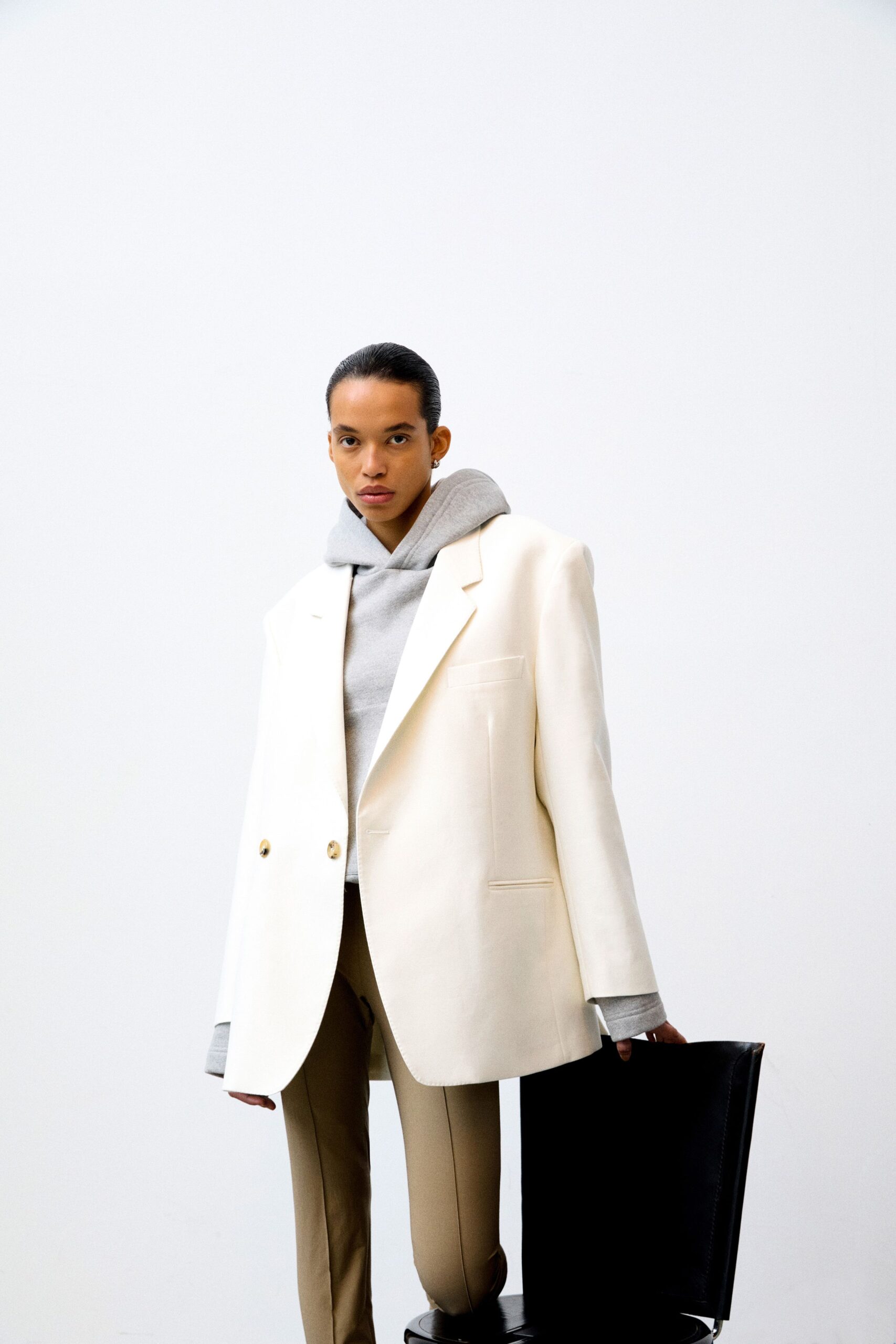 oversized white blazer with gray hoodie