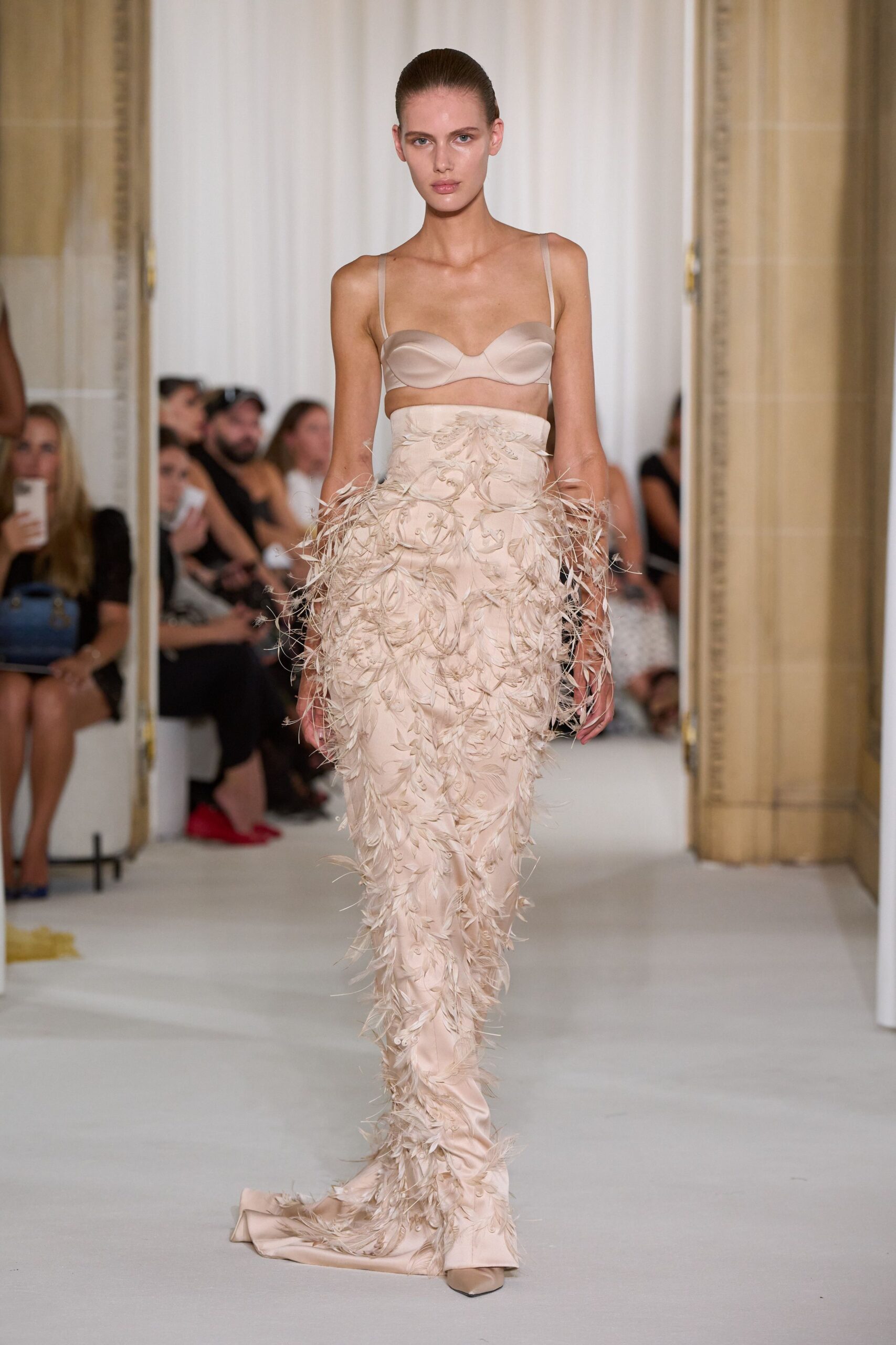 beige silk sleeveless v-neck fitted ruffled maxi gown