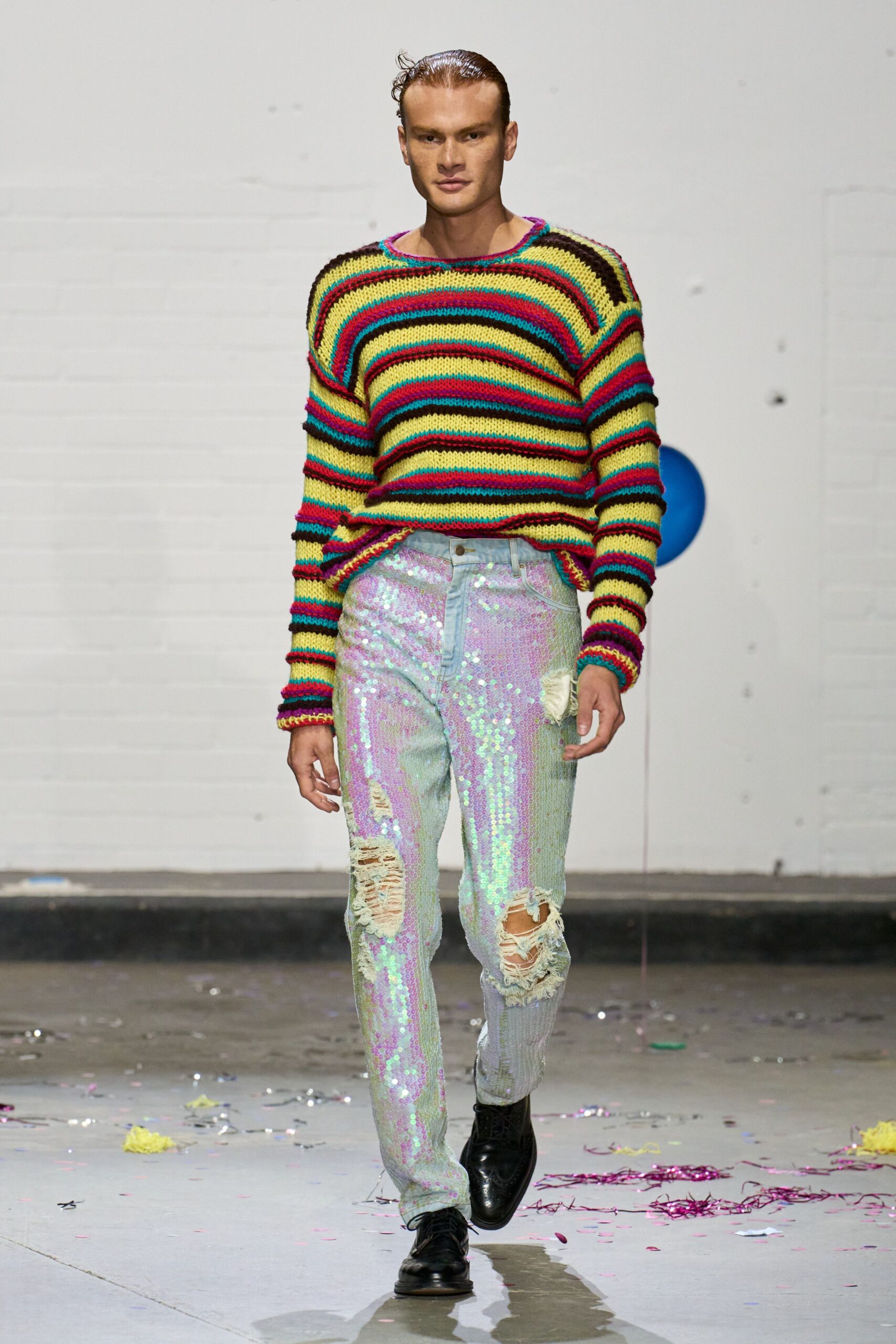 multi sequin fitted slim distressed shiny pants