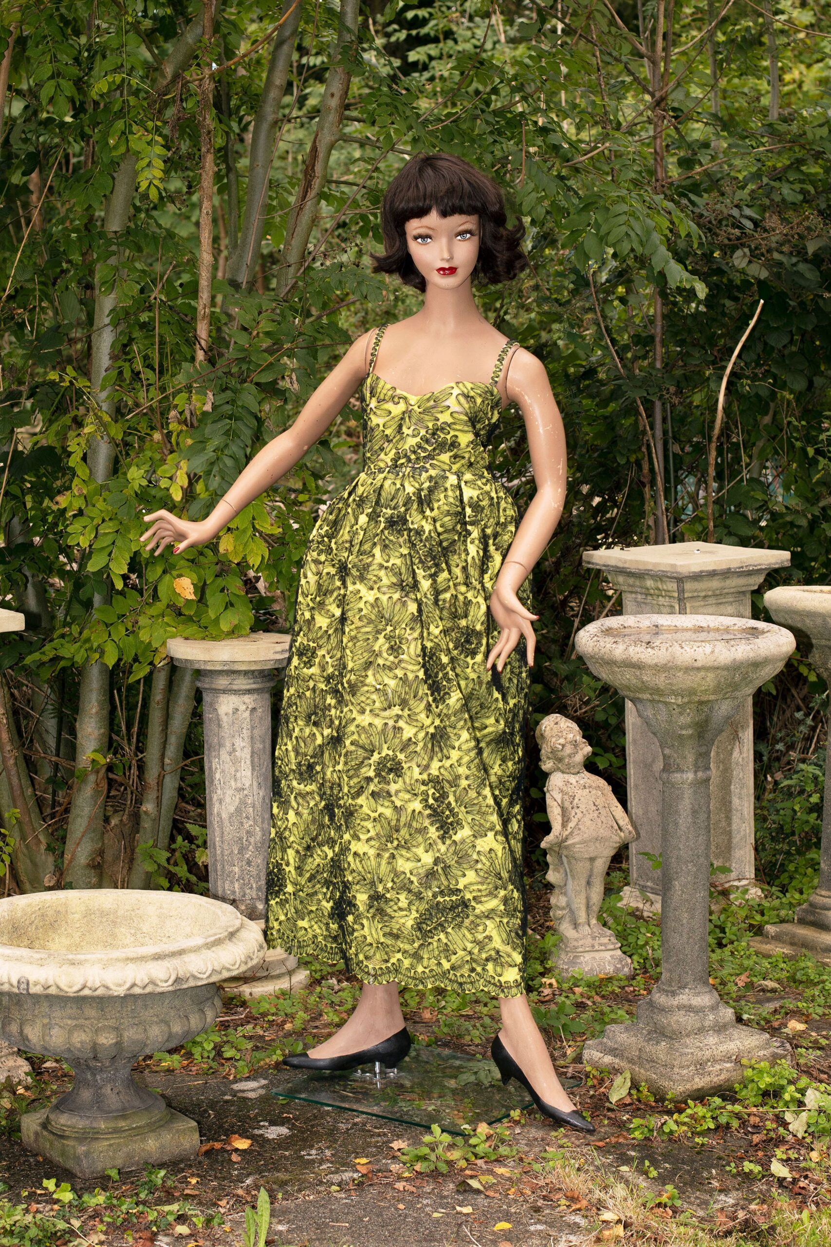 green floral maxi gown with black shoes