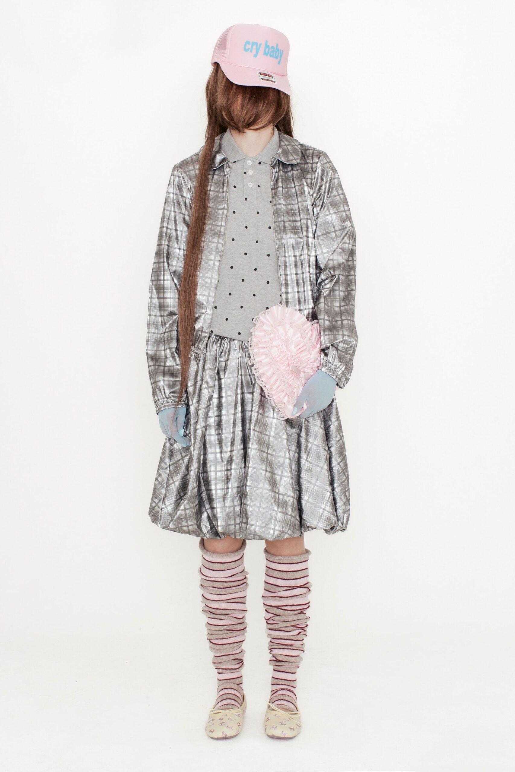 gray silk long-sleeve collared relaxed checked mini shirt-dress