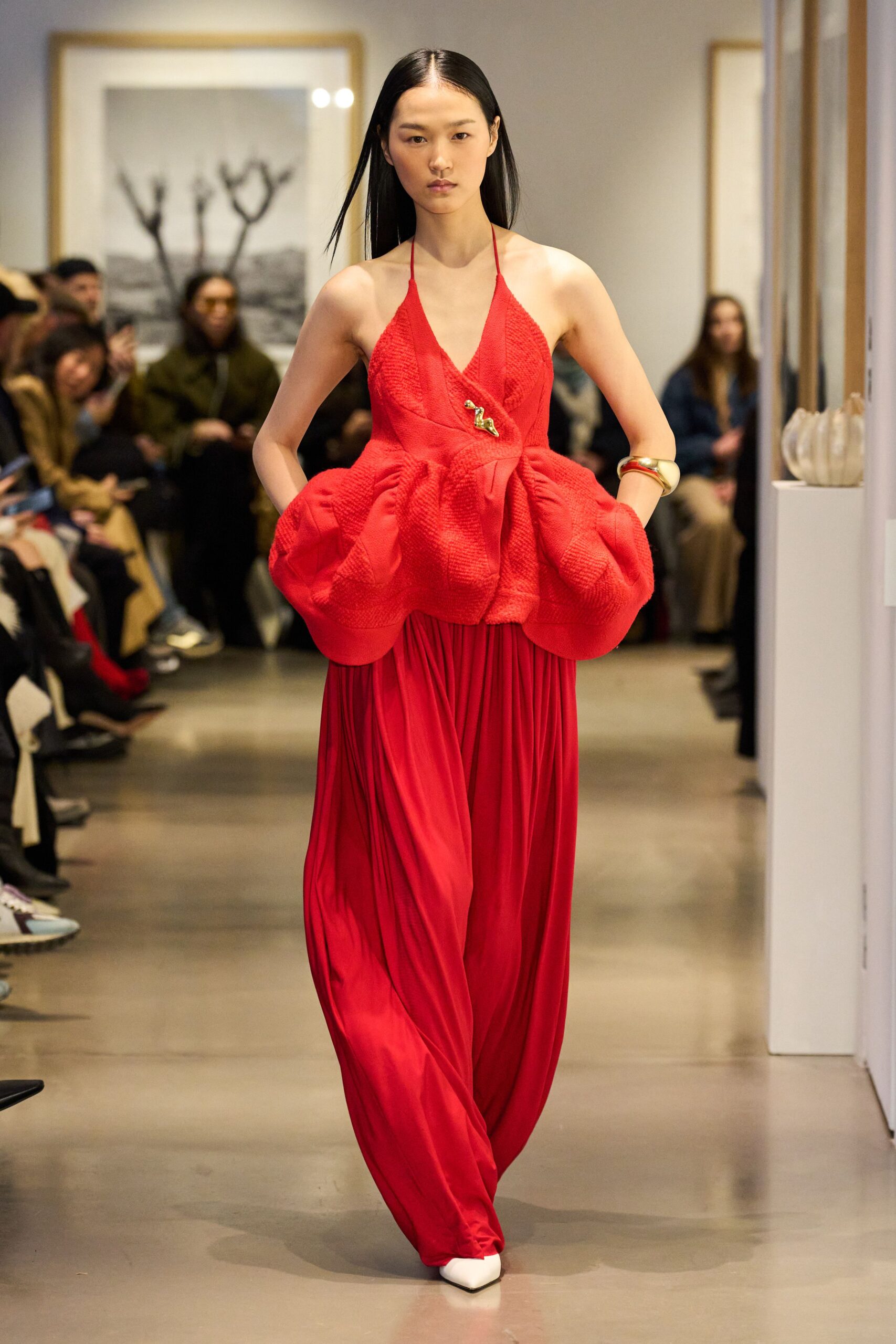 red silk sleeveless halter fitted pleated top