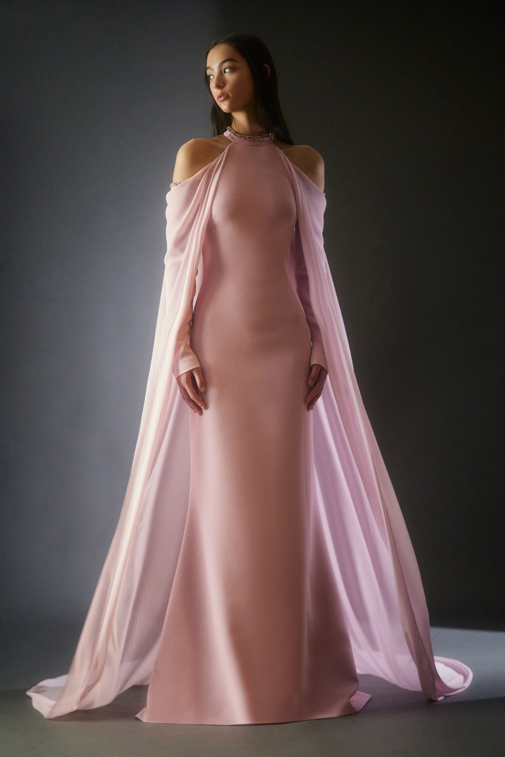pink silk off-shoulder gown