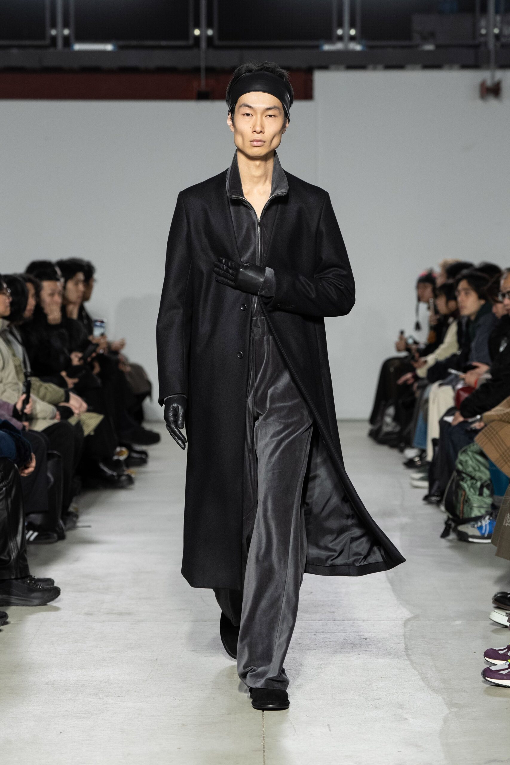 black wool coat with gray velvet pants