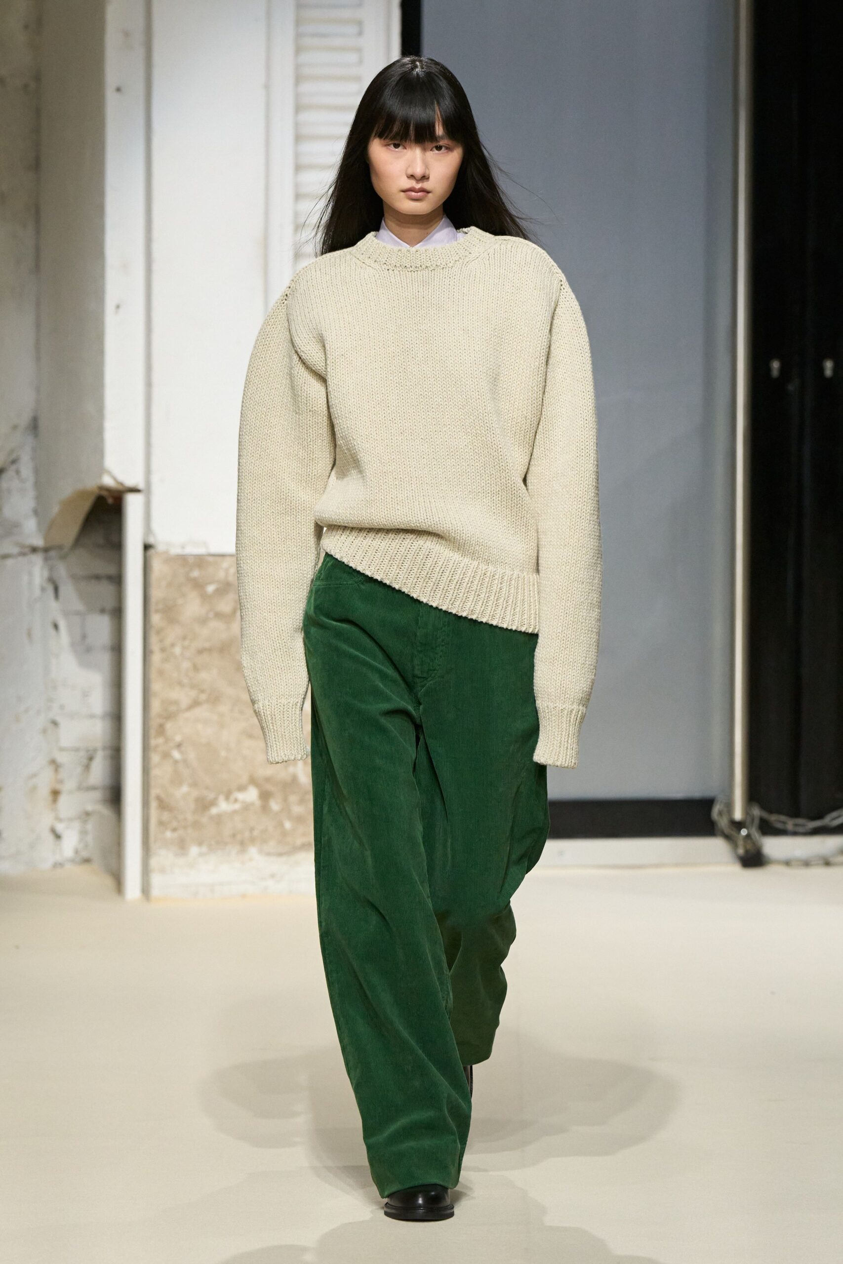 beige oversized sweater green pants