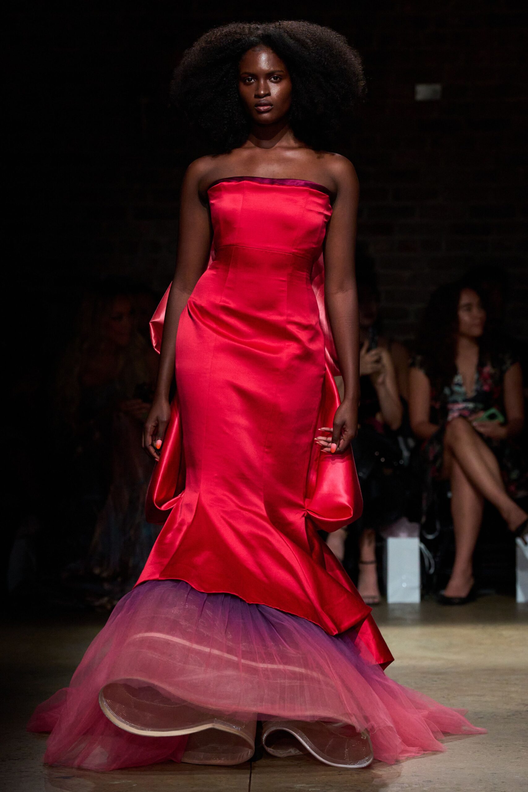 red silk strapless gown