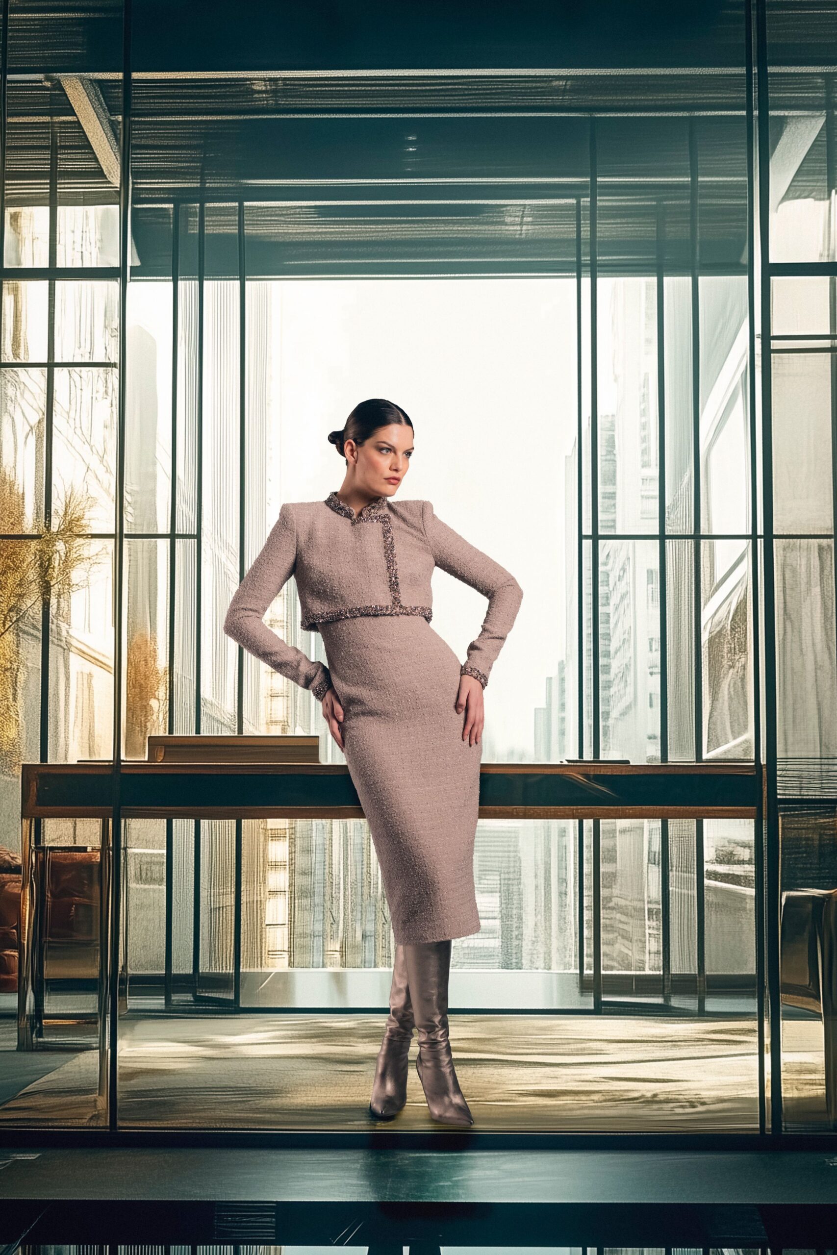 beige wool long-sleeve collared fitted pencil midi dress
