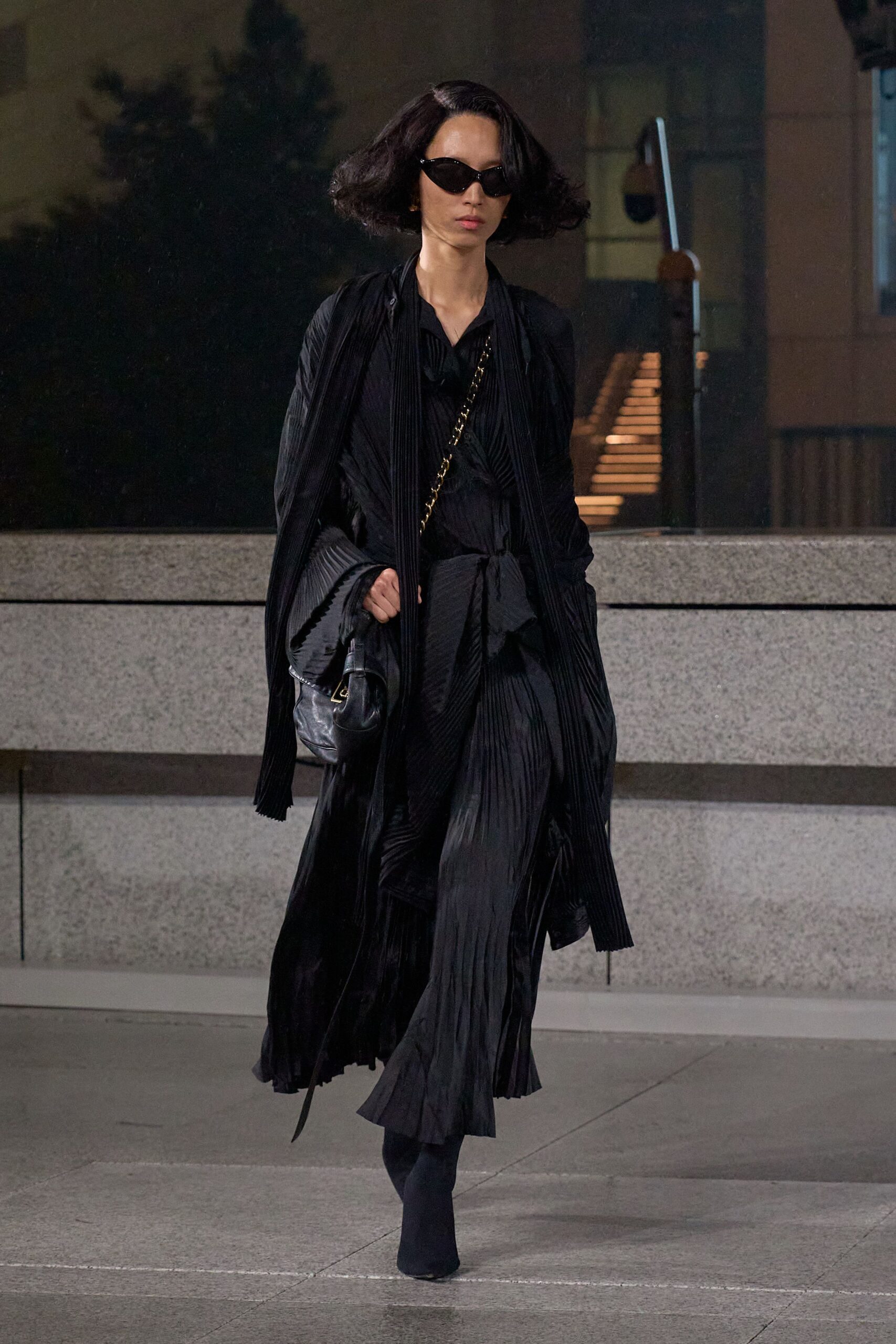 black pleated midi dress with coat