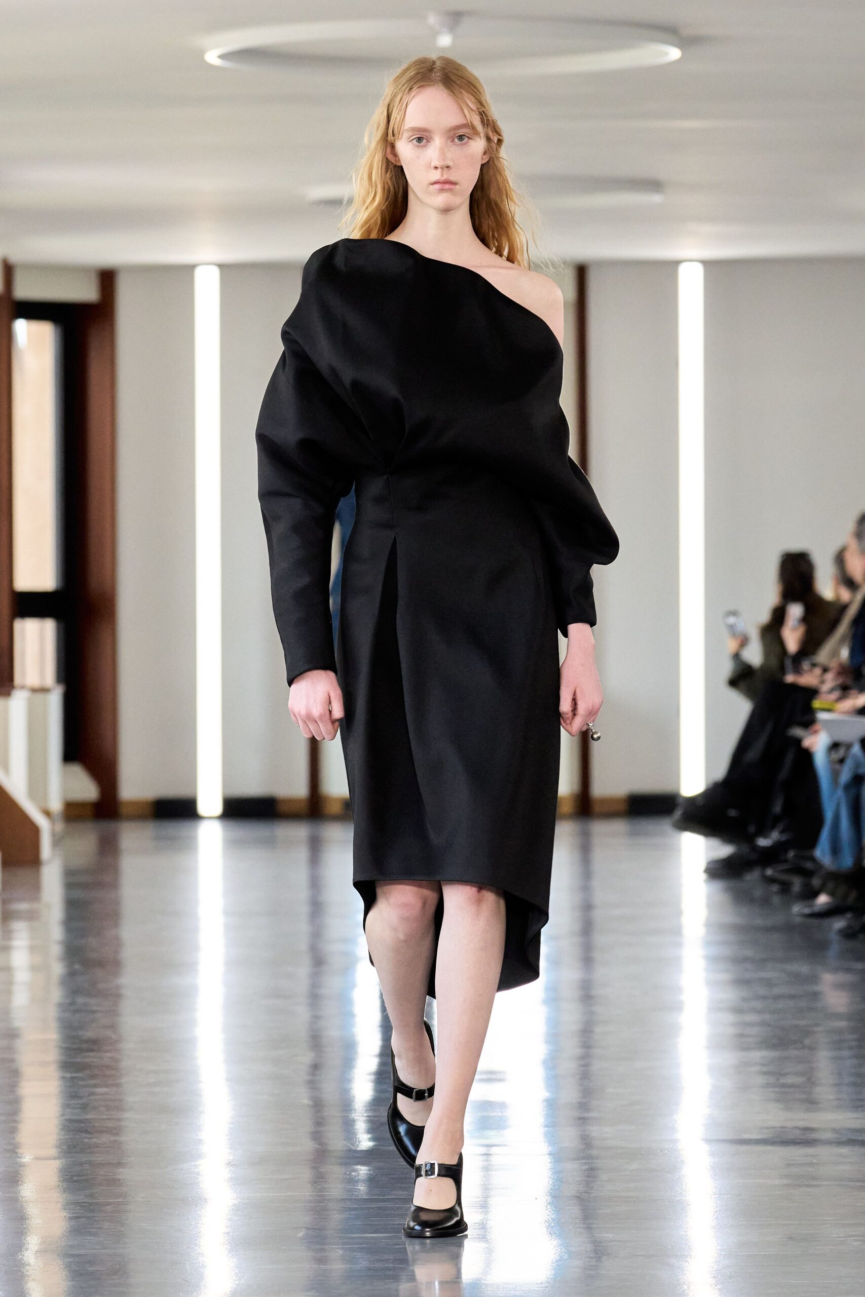black silk off-shoulder midi dress