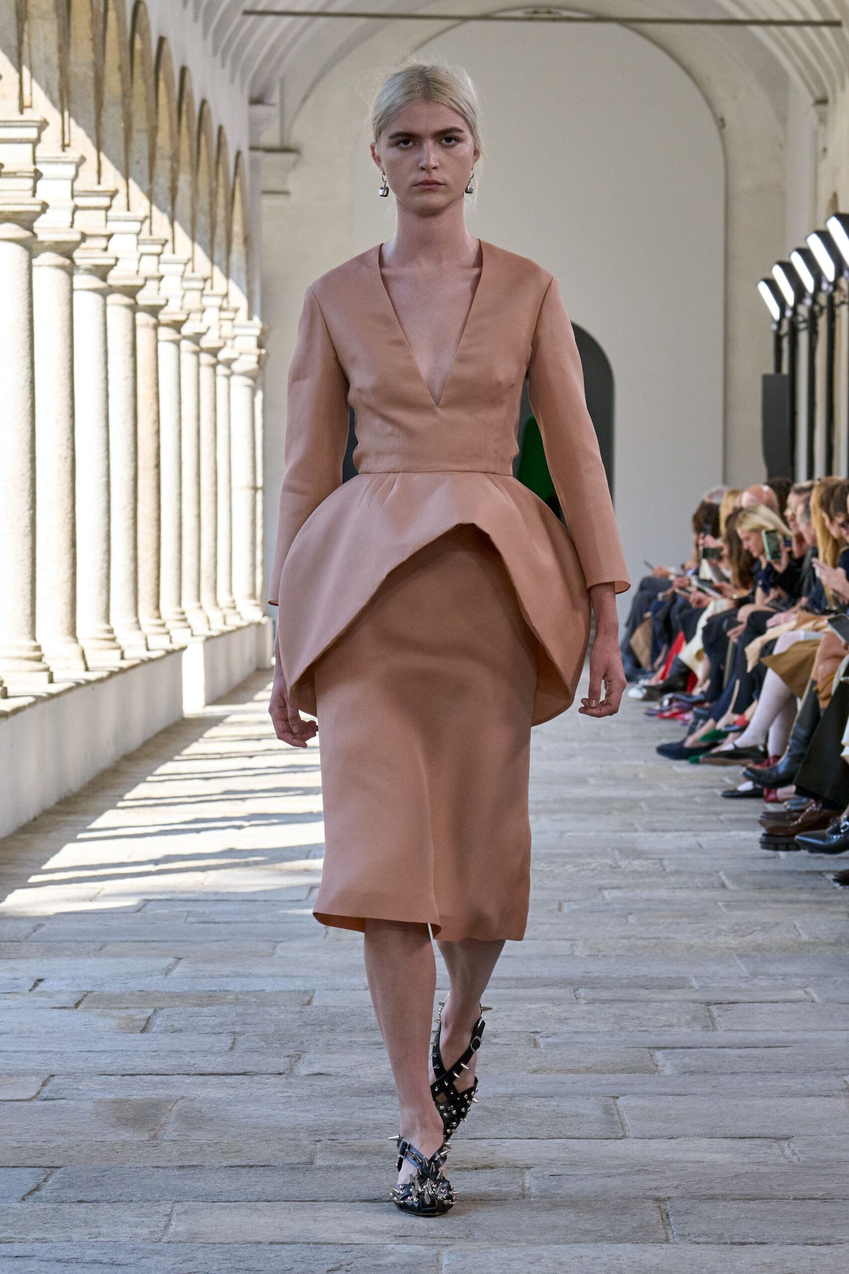 coral silk long-sleeve v-neck fitted pleated midi dress