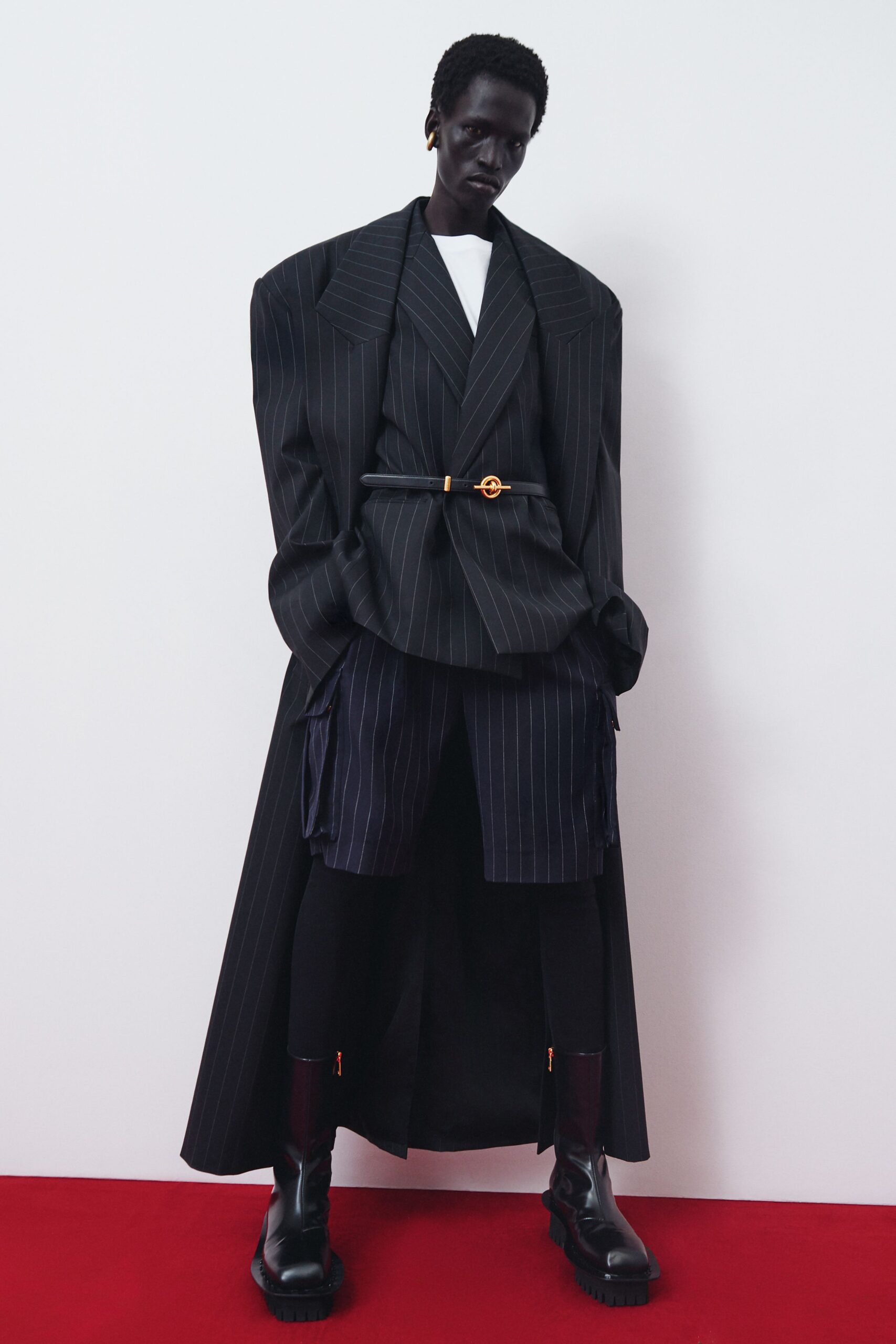 black wool structured striped layered maxi skirt