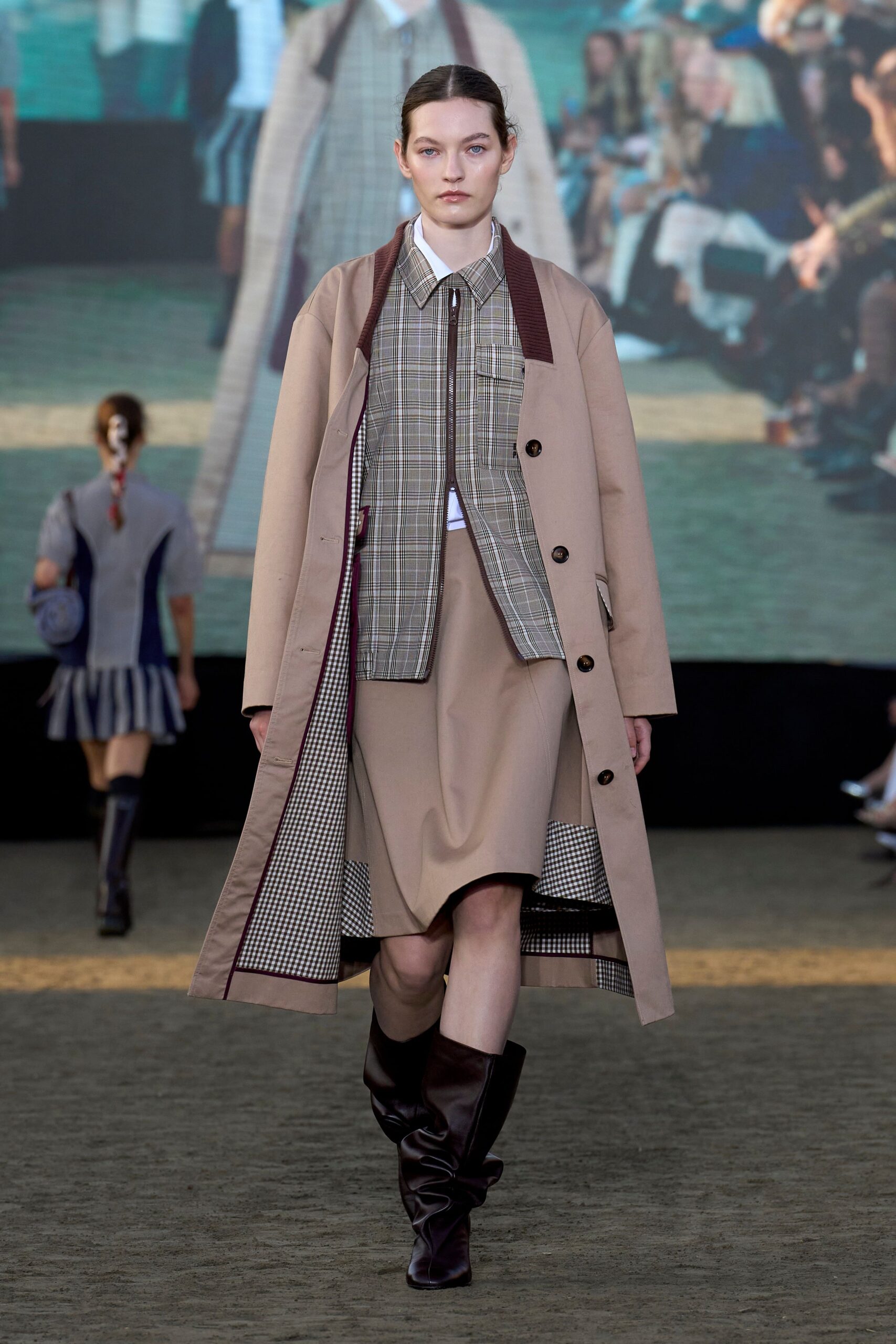 beige cotton long-sleeve collared oversized checked layered coat