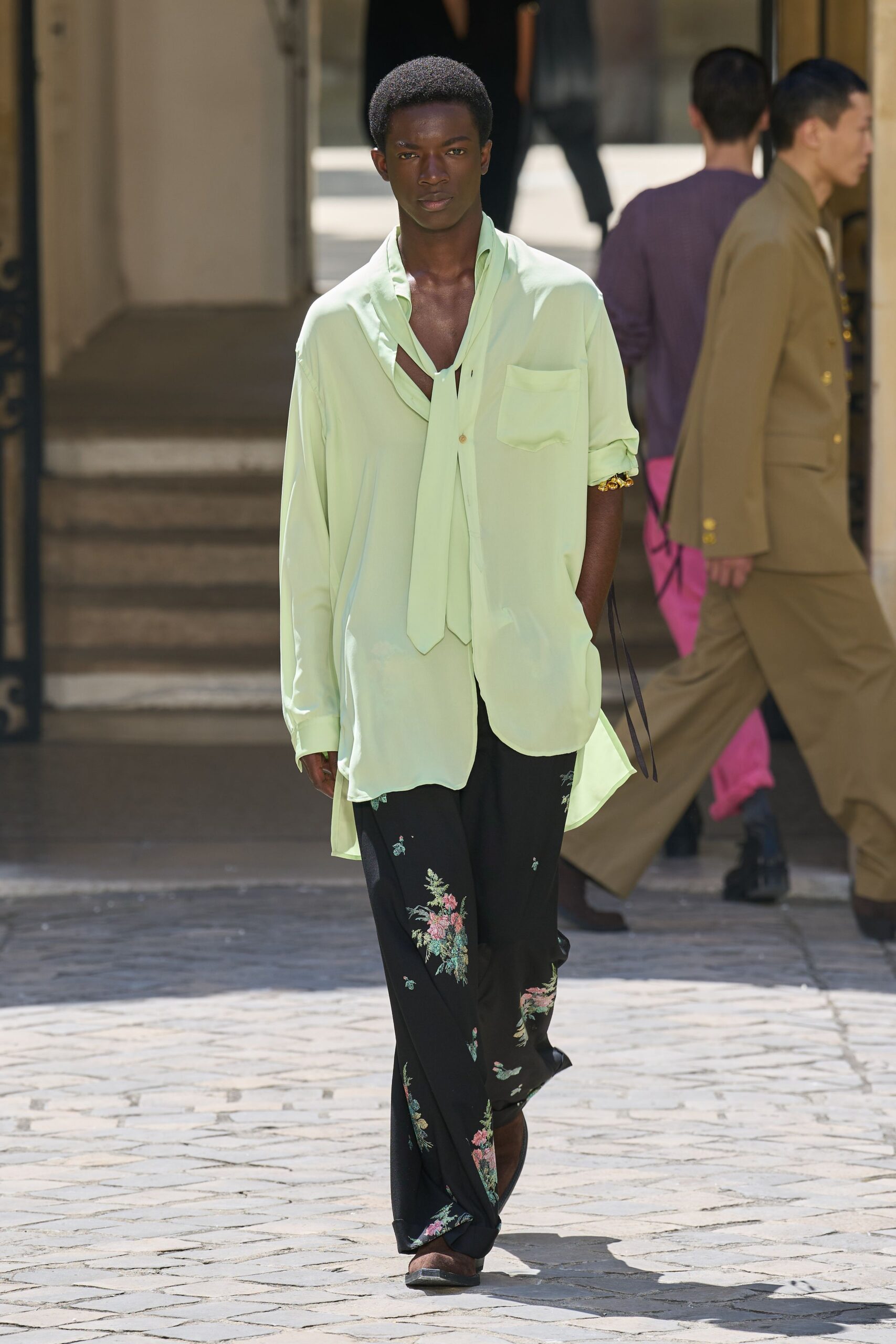 green silk long-sleeve collared relaxed buttoned flowing shirt