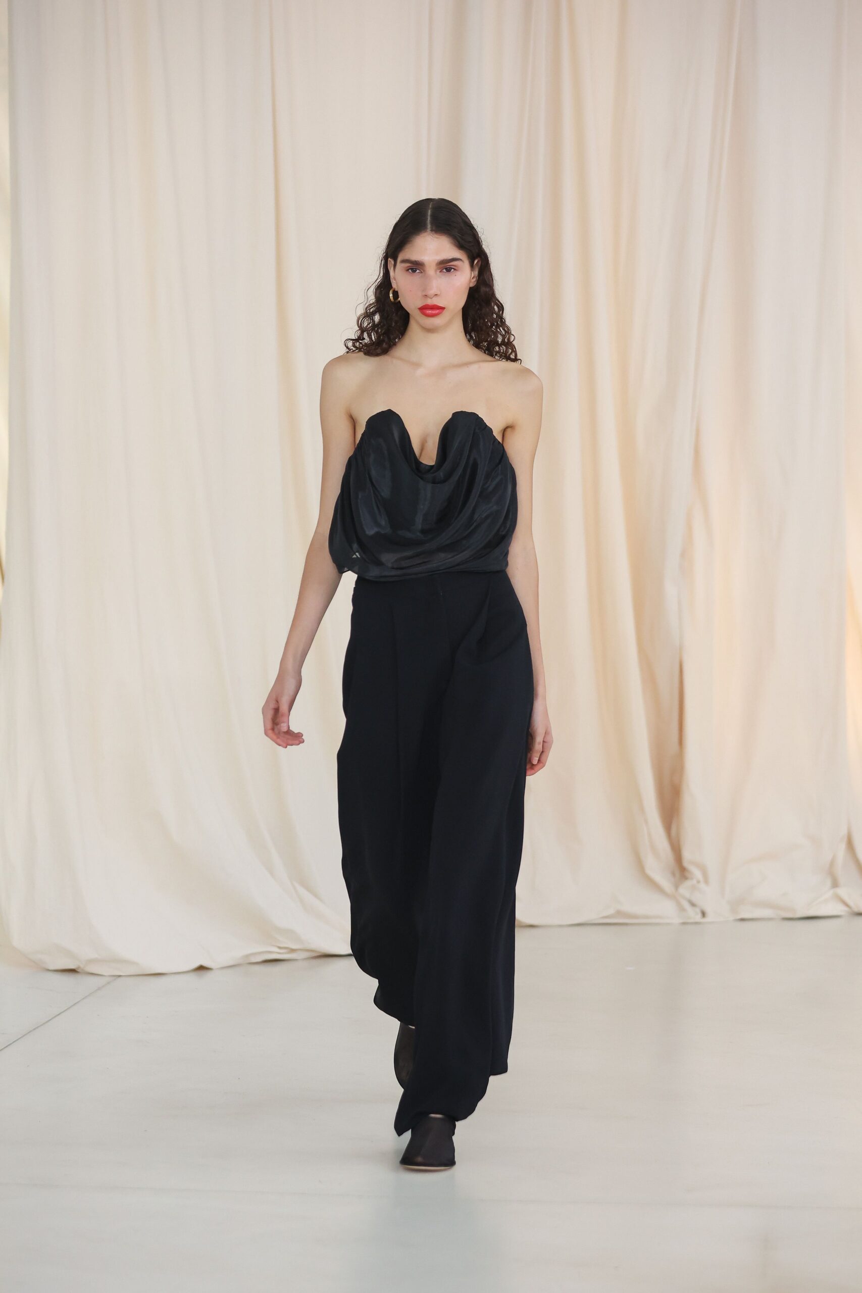 black chiffon strapless low-cut relaxed draped layered top