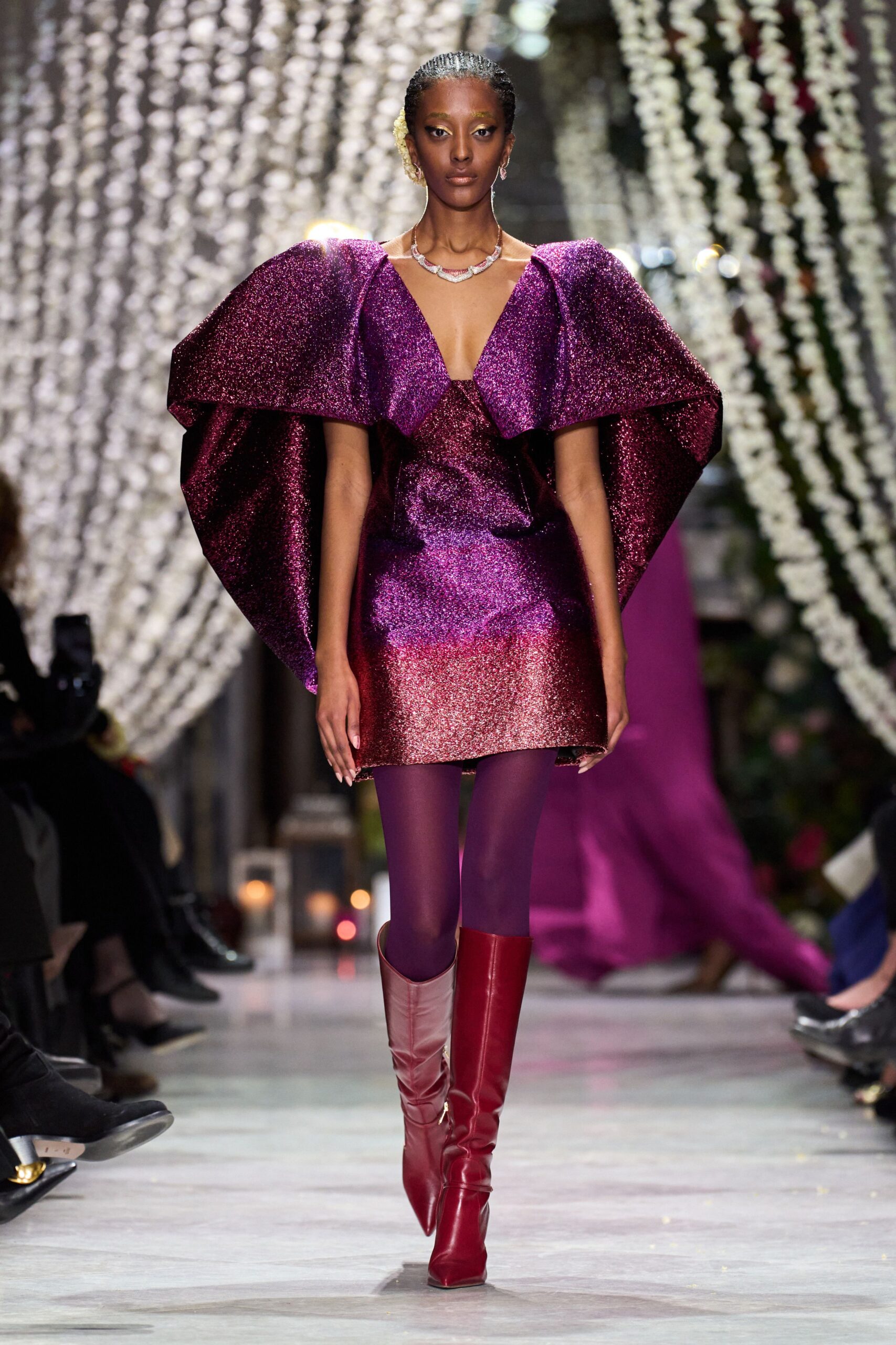 purple silk sleeveless v-neck fitted draped shiny dress