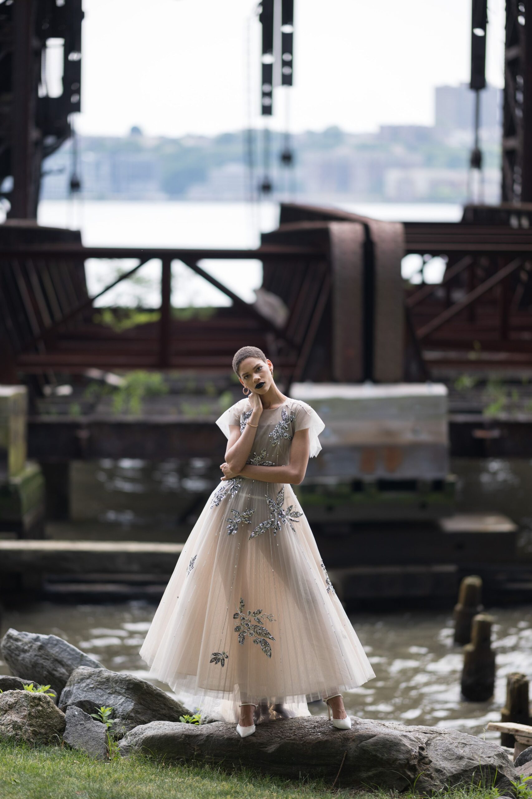 beige embroidered tulle gown