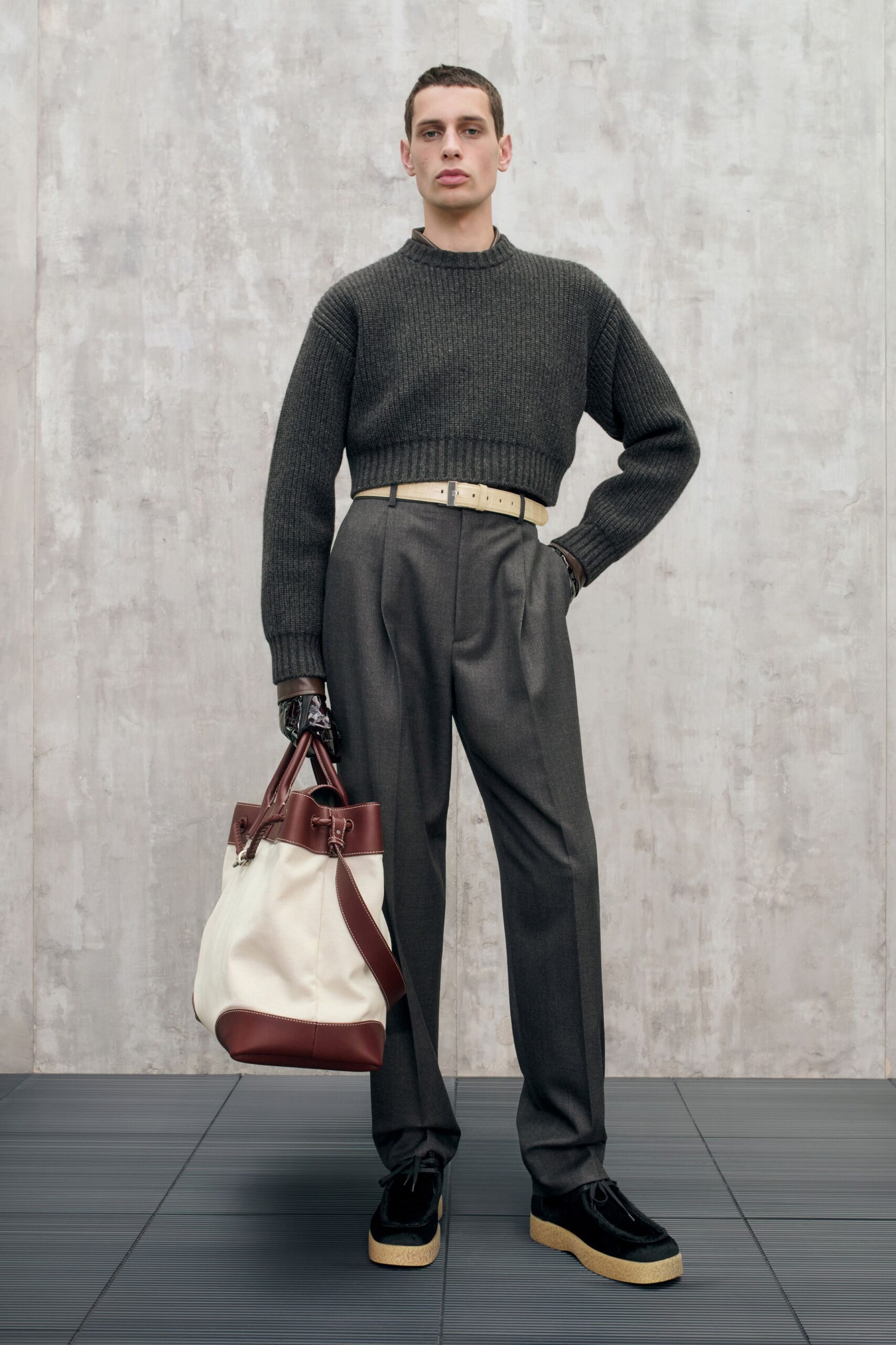 gray wool long-sleeve collared fitted ribbed cropped sweater