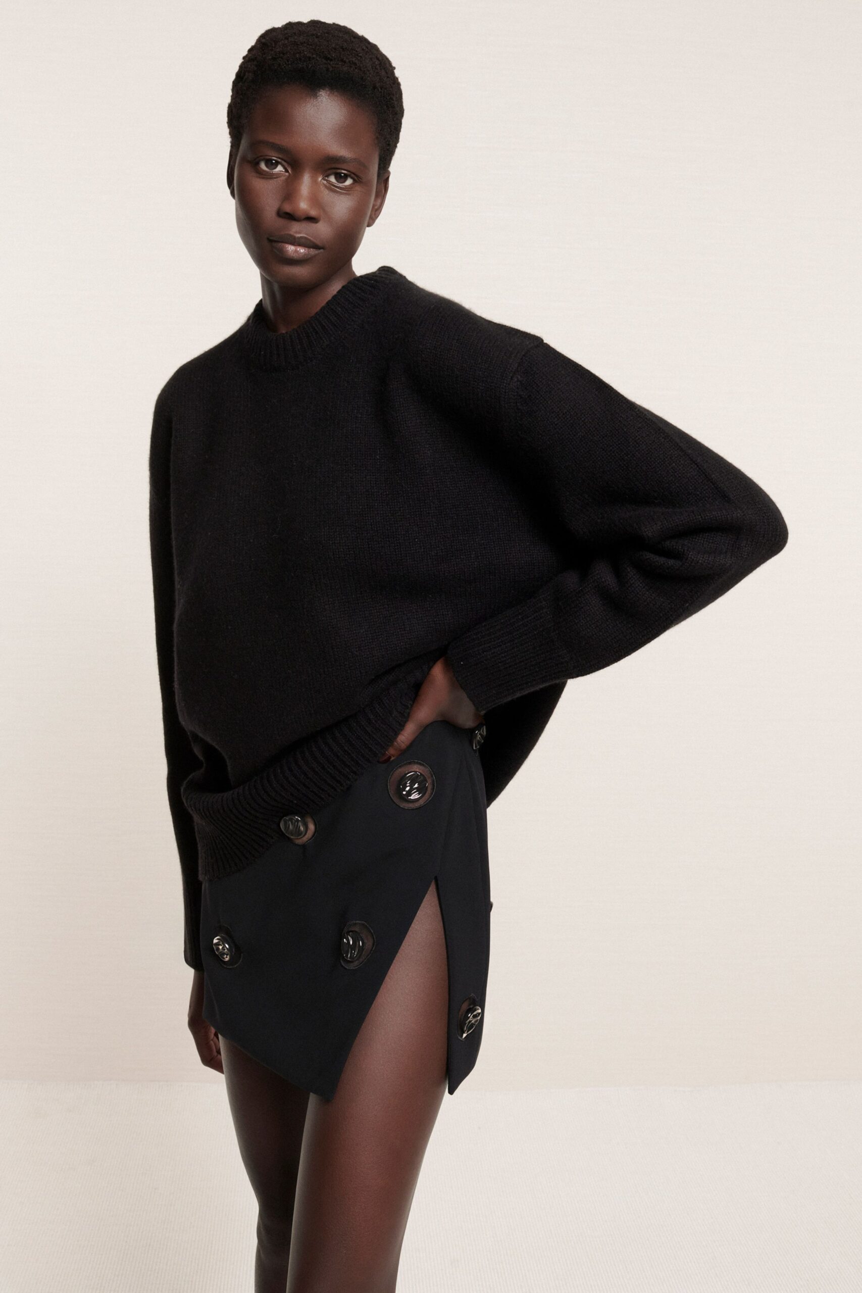 black cotton asymmetric fitted buttoned mini skirt