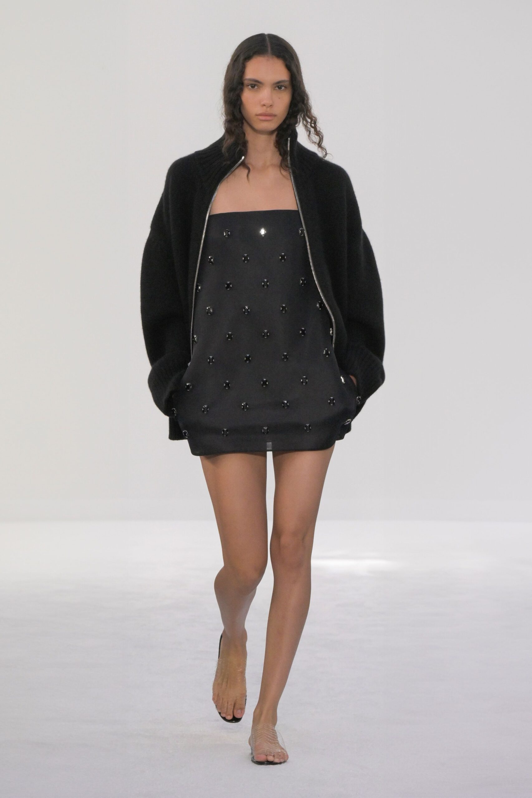 black beaded short dress with cardigan