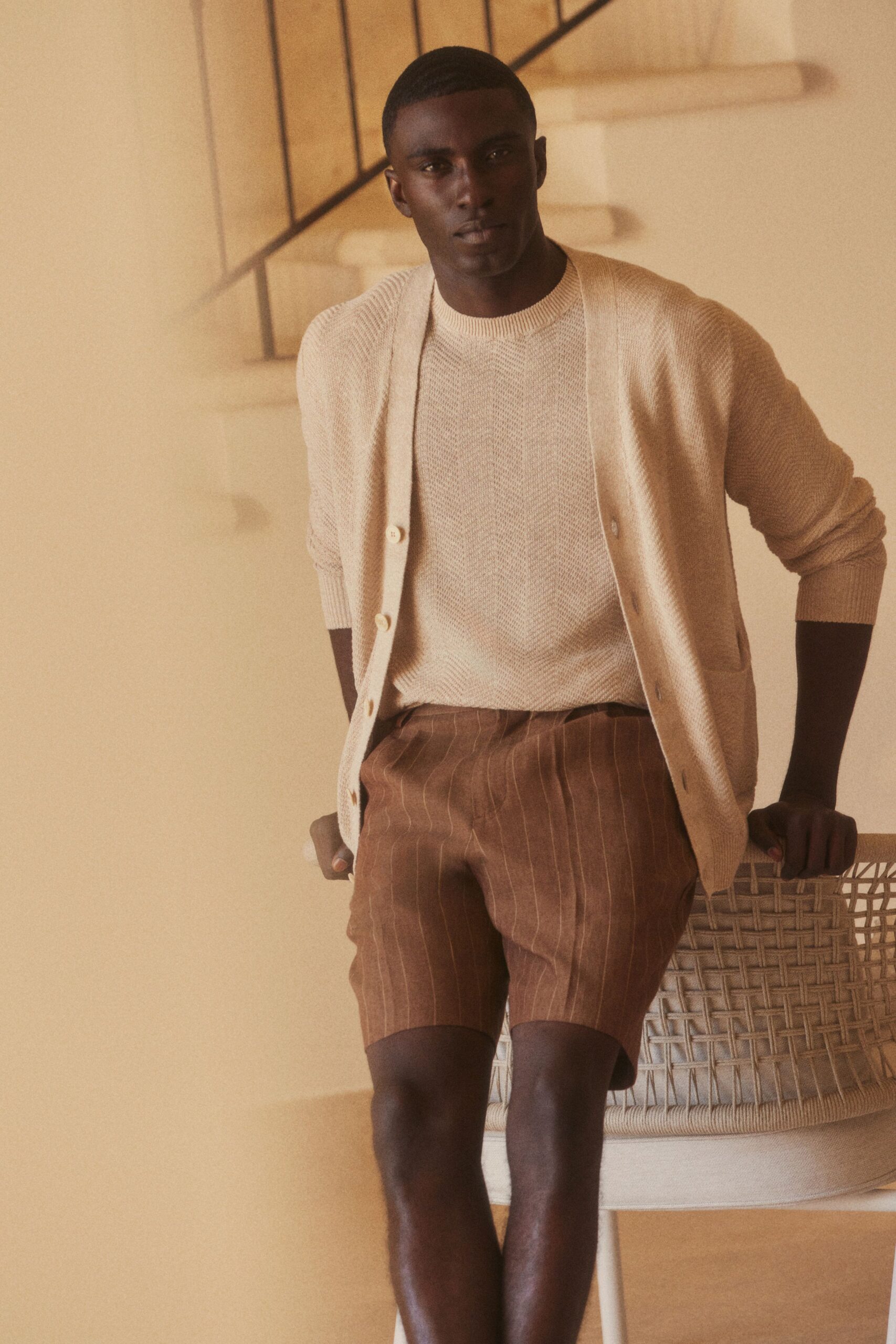 beige knit long-sleeve v-neck relaxed buttoned textured cardigan