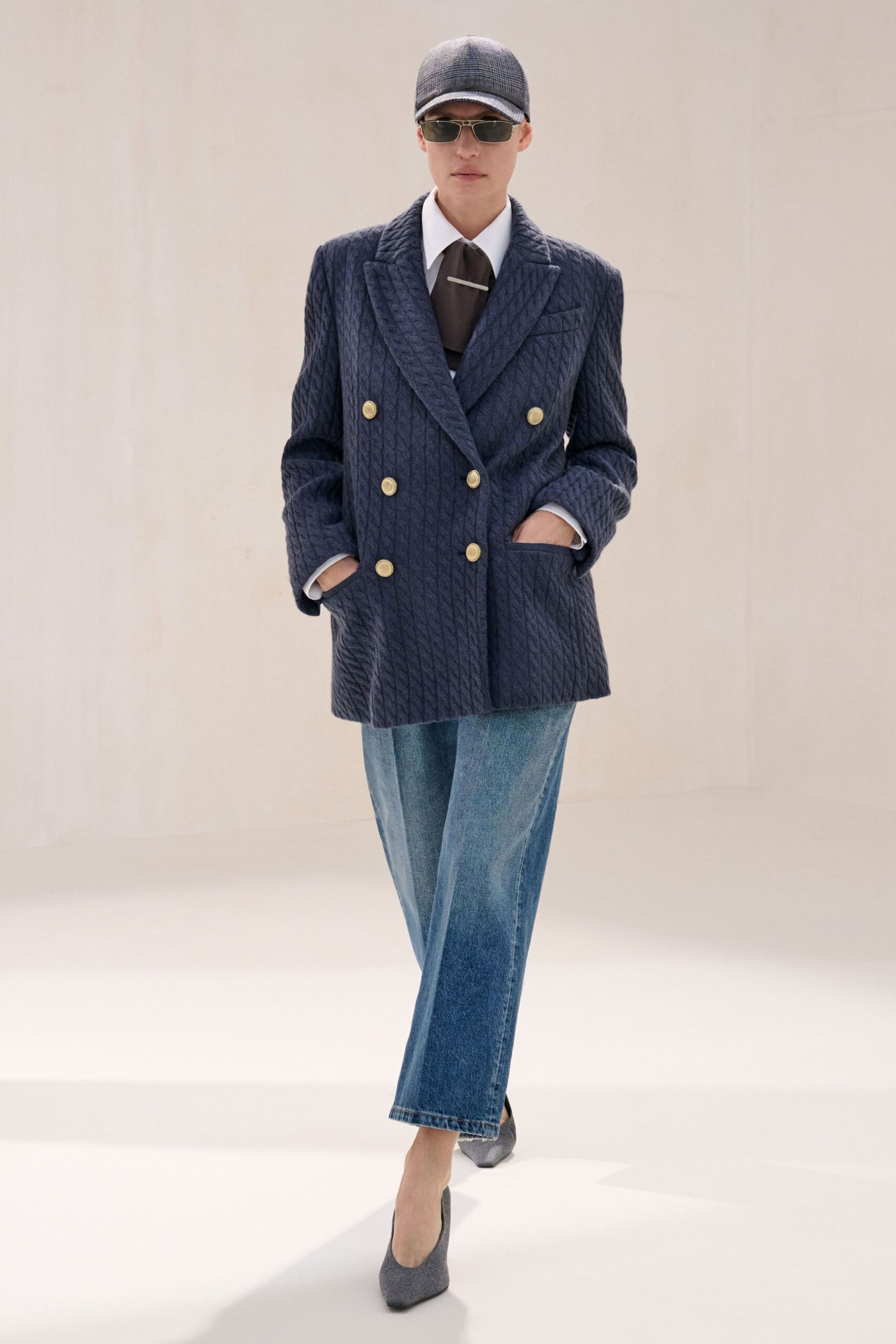 blue cotton long-sleeve collared structured textured blazer