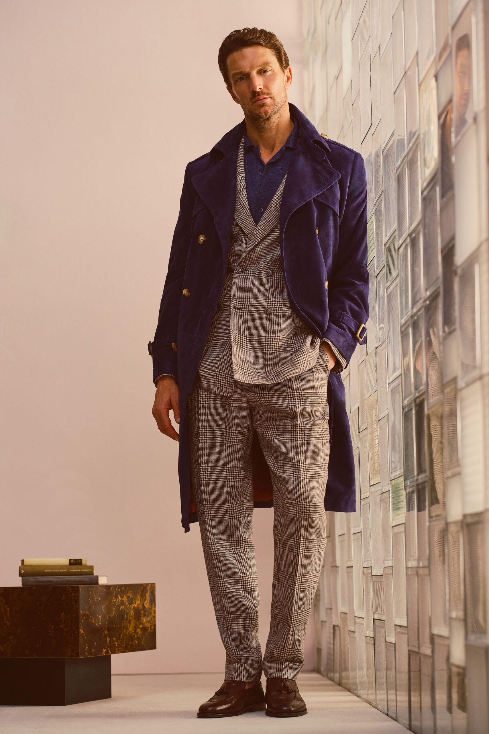 blue velvet long-sleeve collared tailored coat