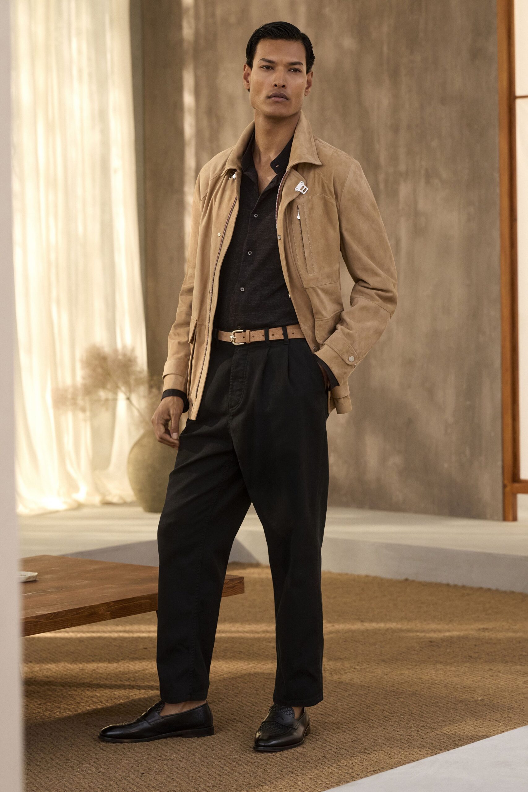 beige suede collared long-sleeve structured zippered pockets jacket