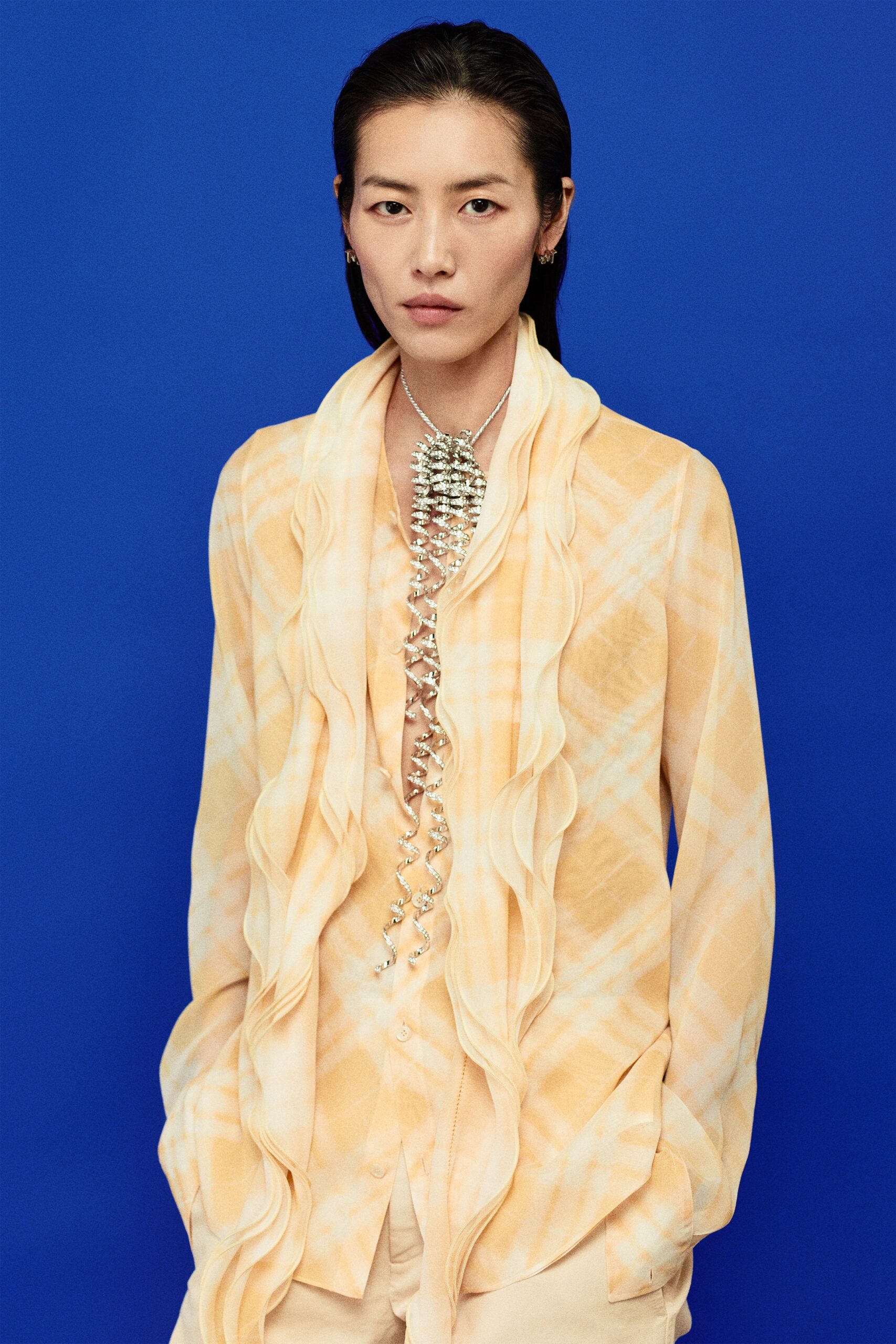 yellow checked ruffled shirt