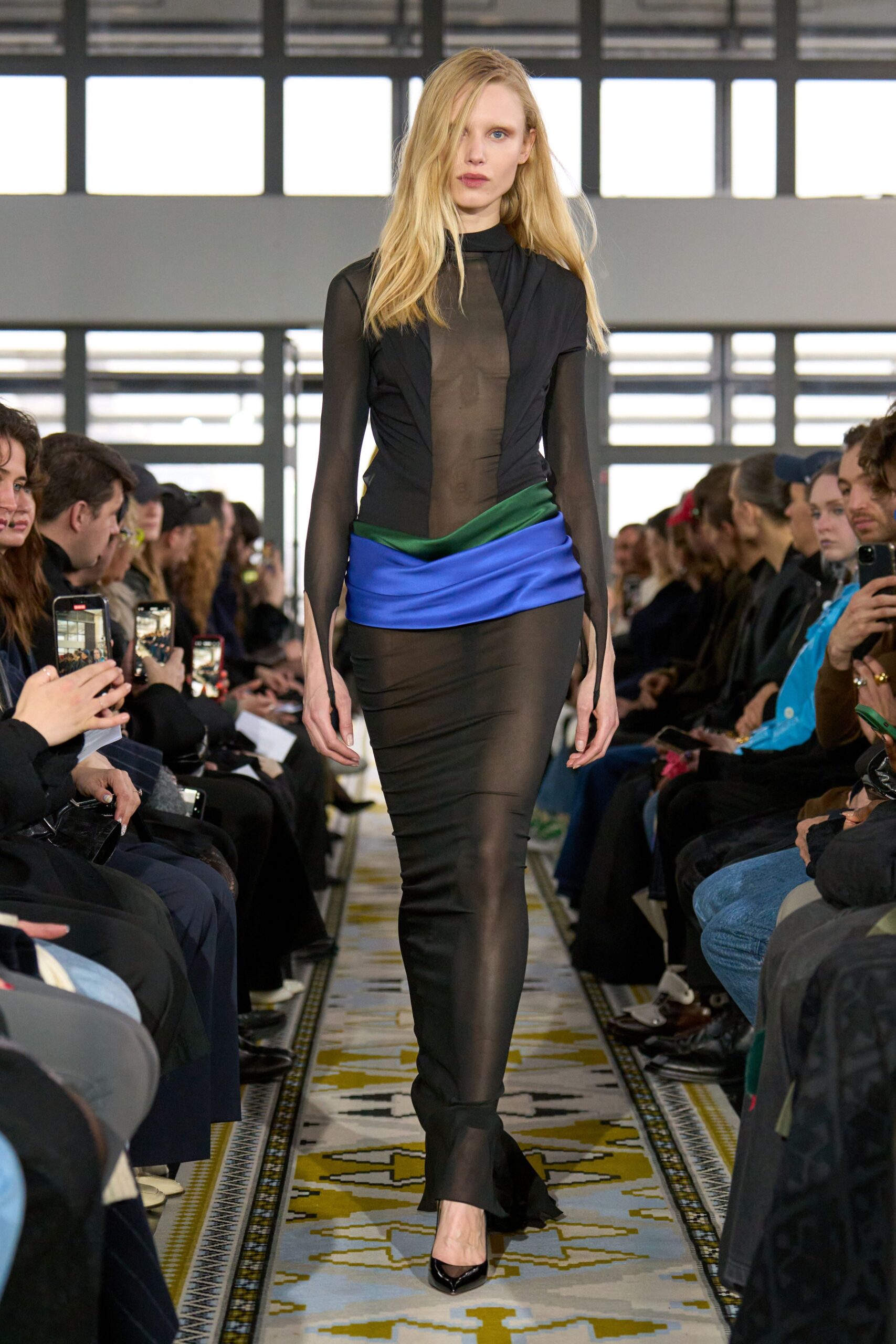 black sheer midi dress with blue and green details