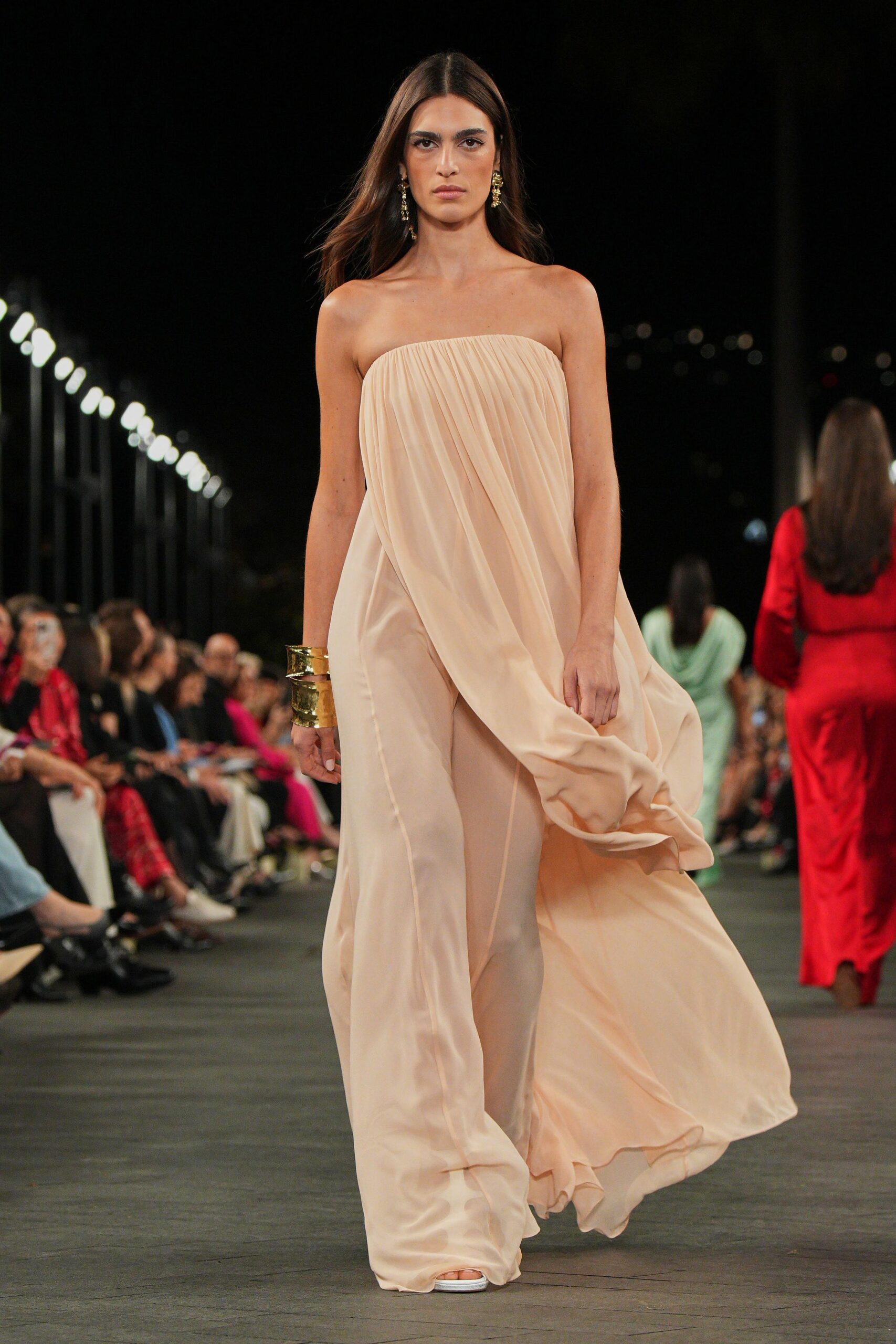 beige strapless chiffon gown