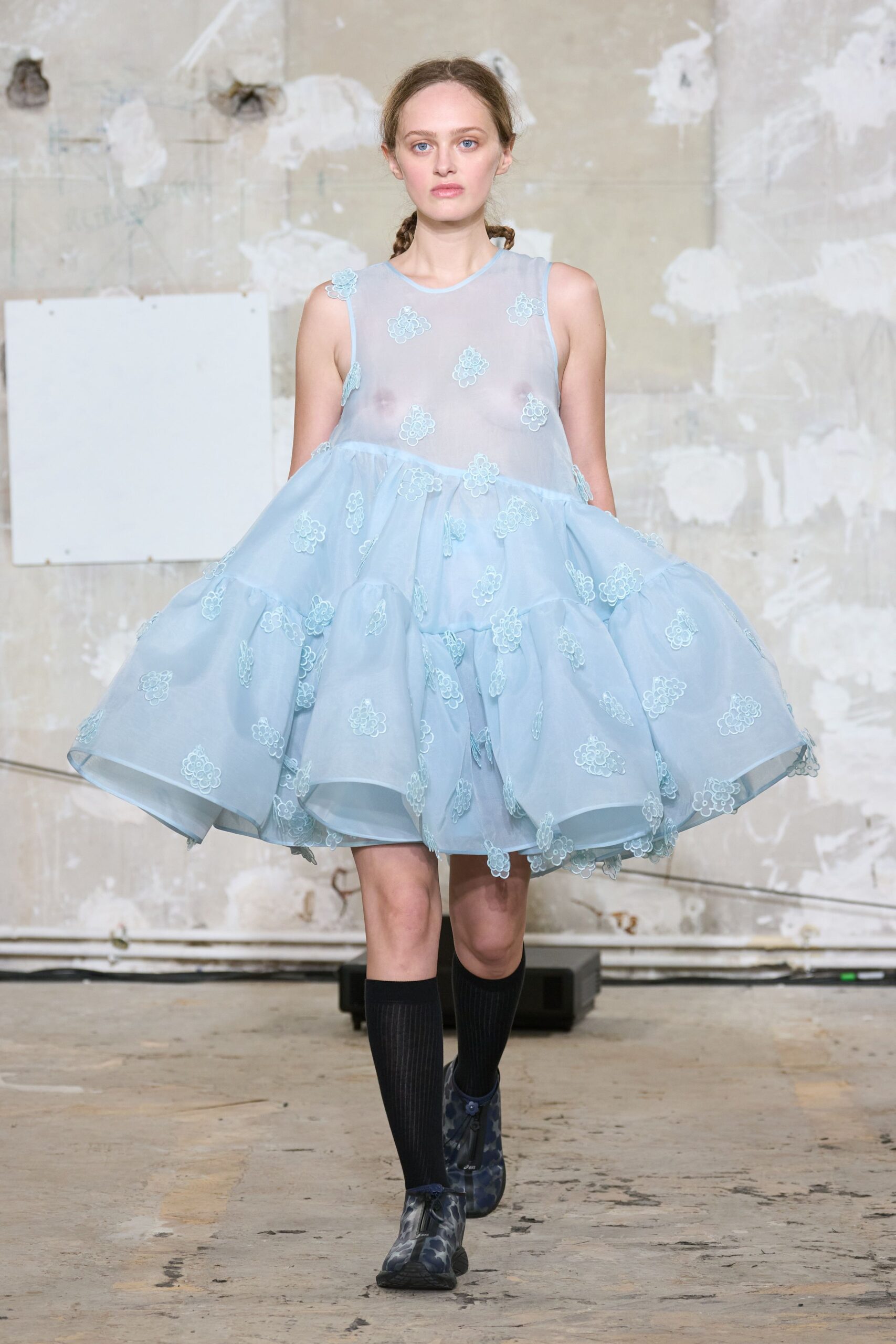 blue chiffon sleeveless v-neck fitted tiered embroidered dress