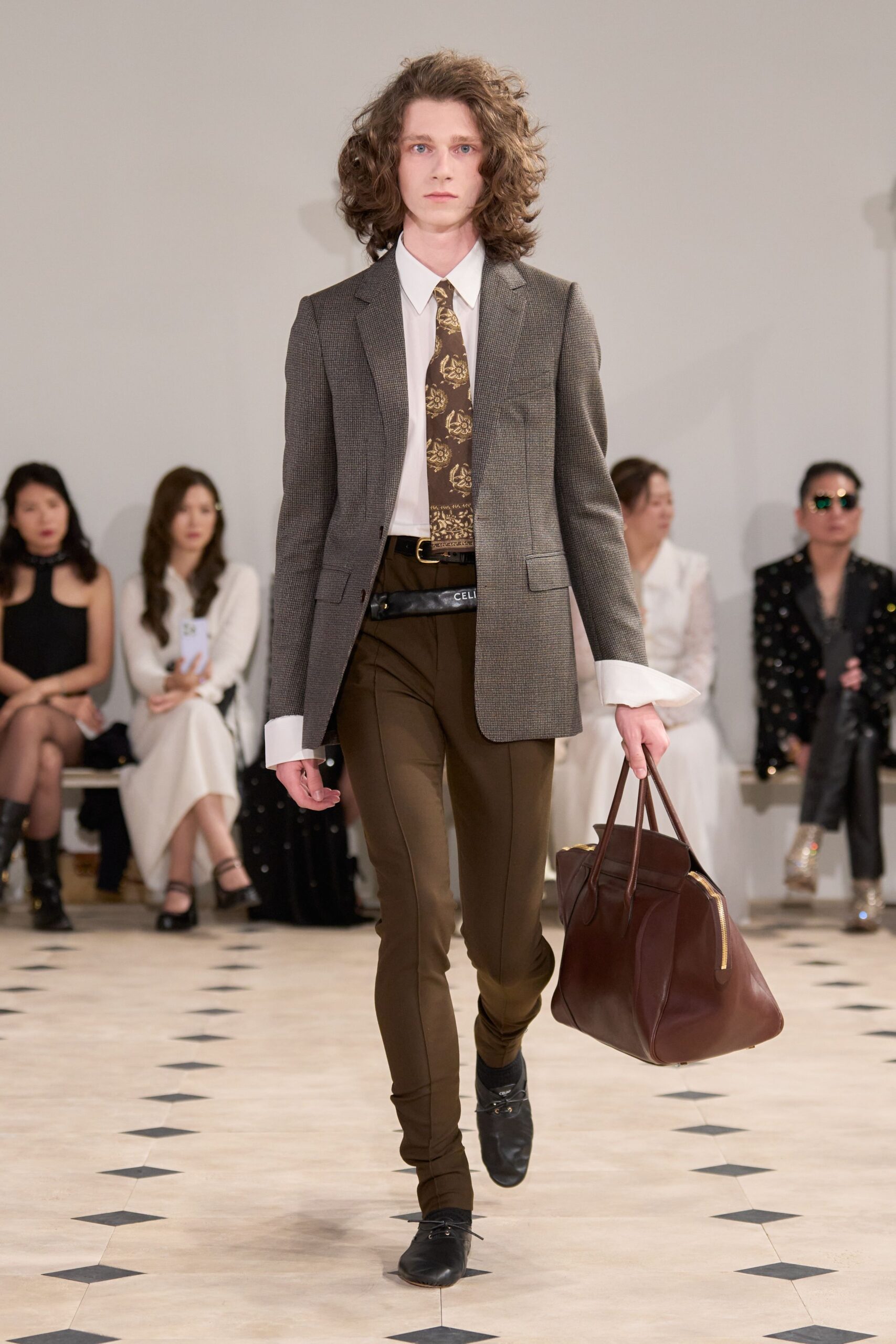 gray blazer with brown pants