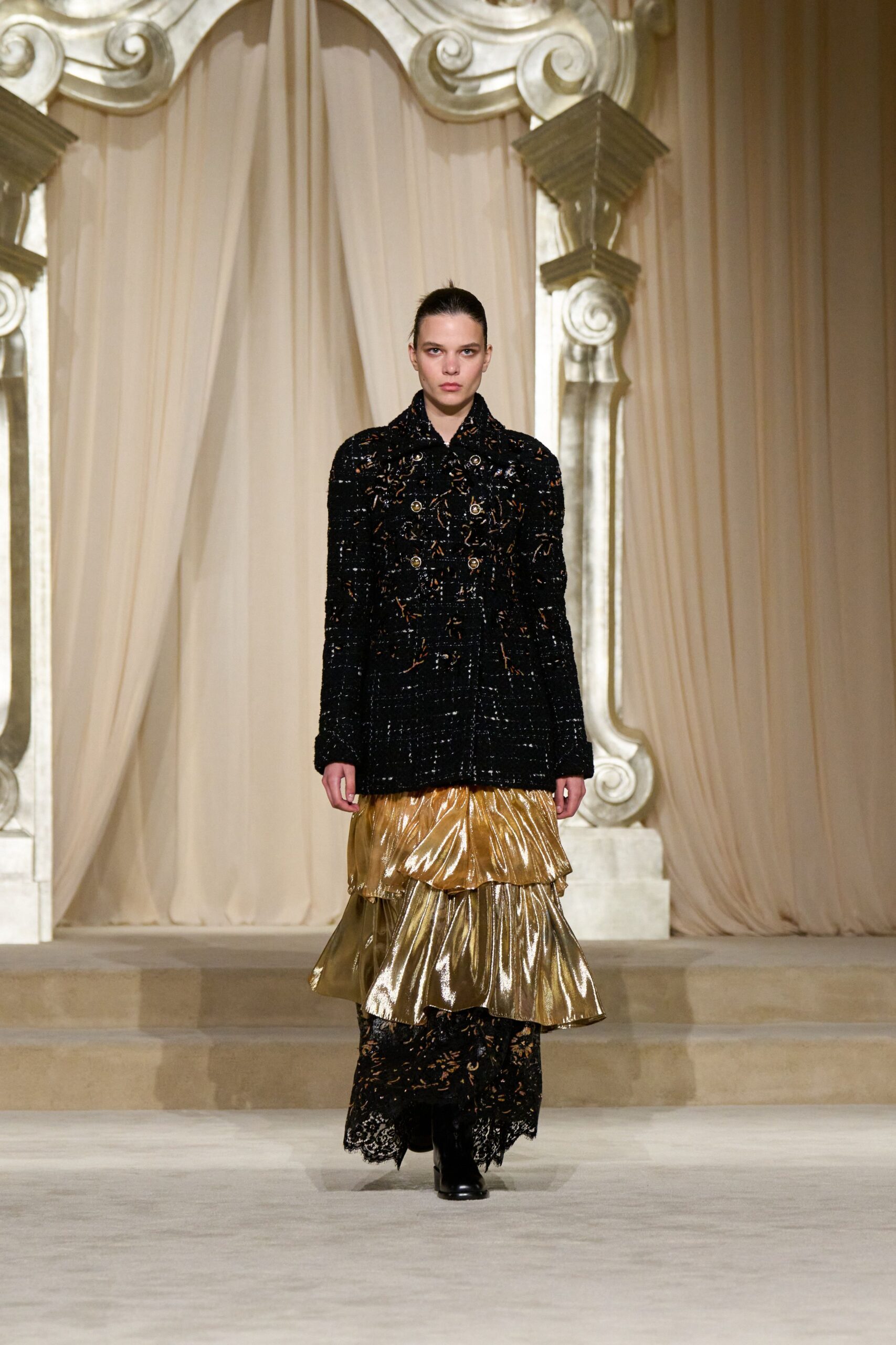gold silk fitted tiered ruffled maxi skirt