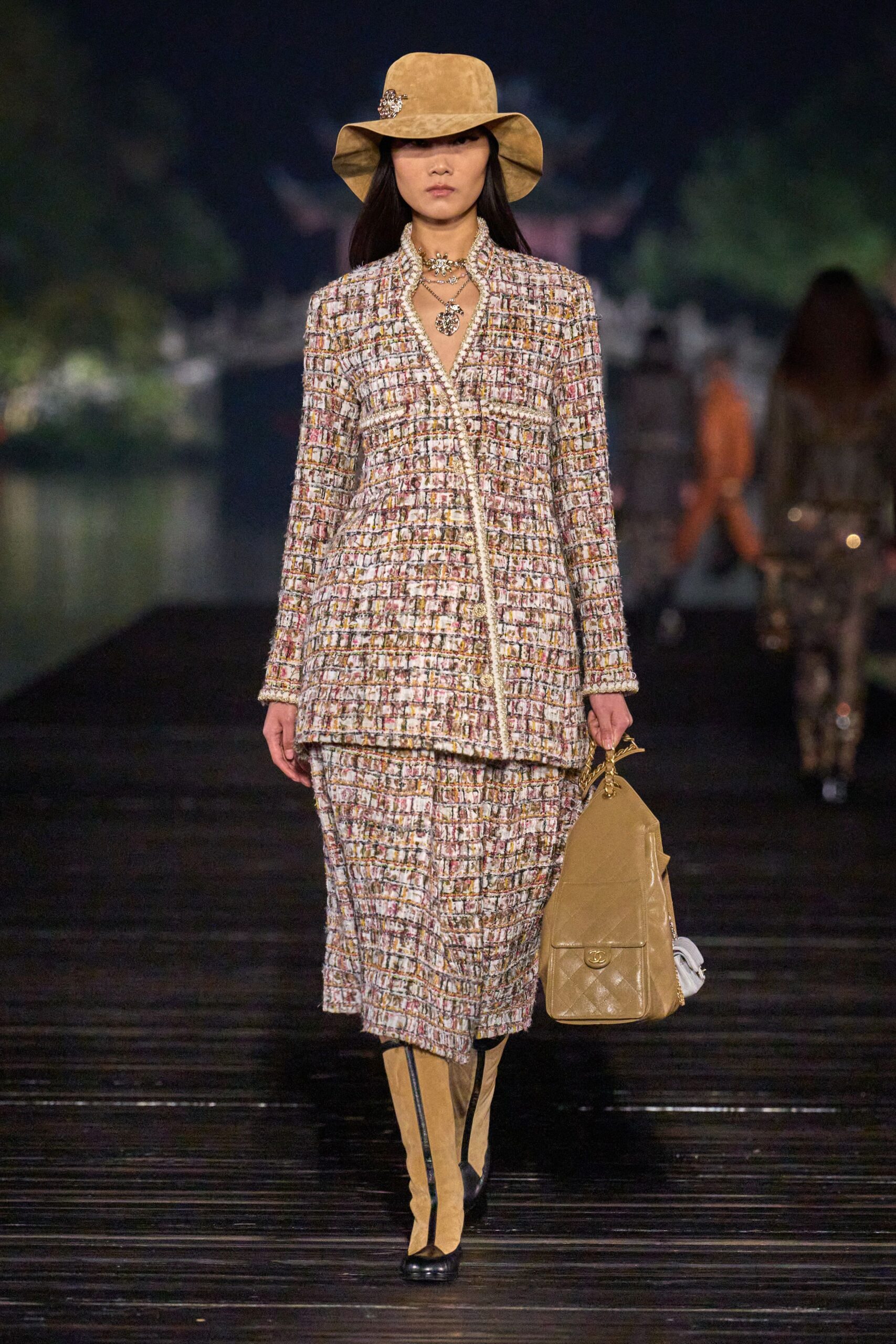 beige tweed blazer and skirt