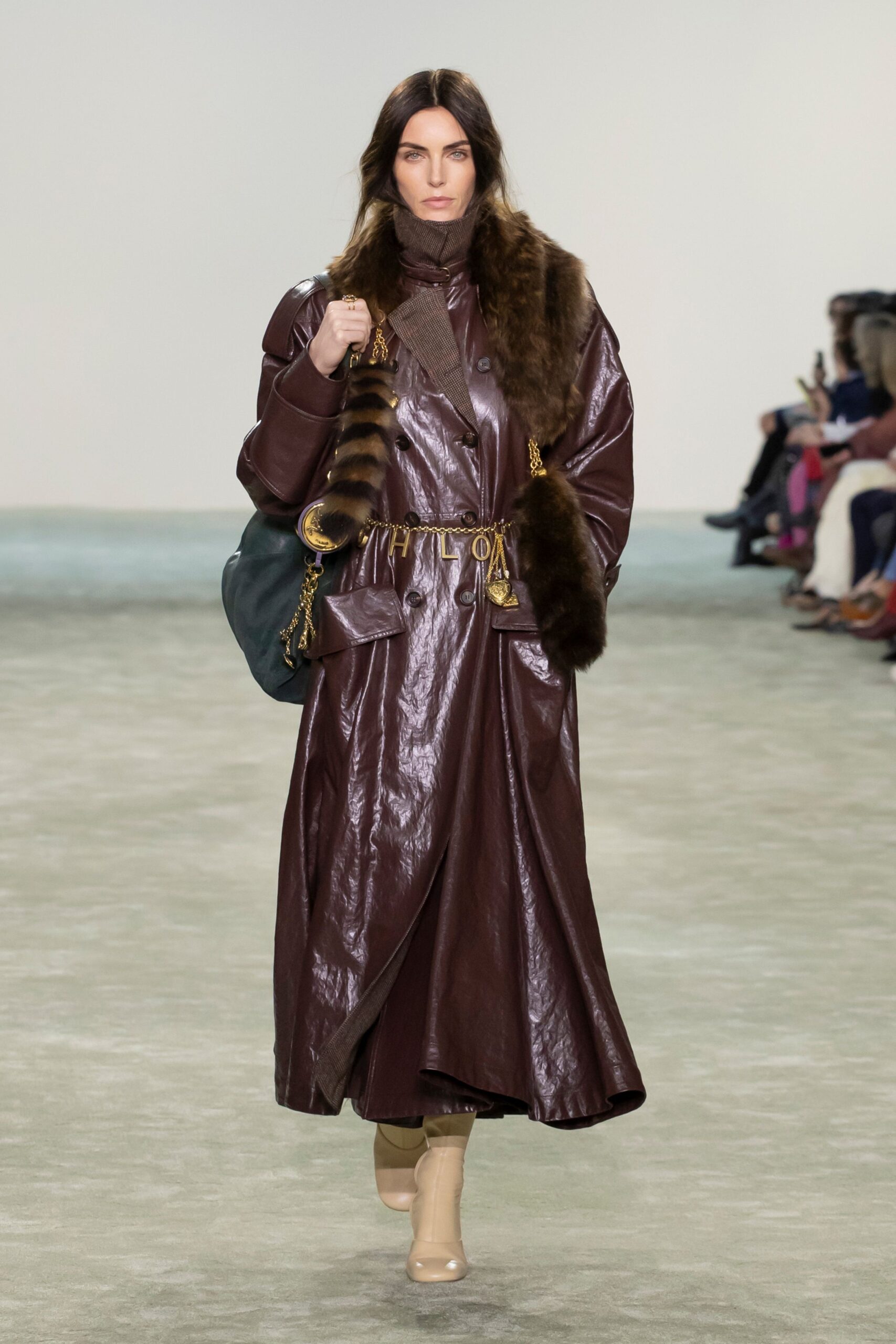 brown leather long-sleeve collared relaxed belted draped coat