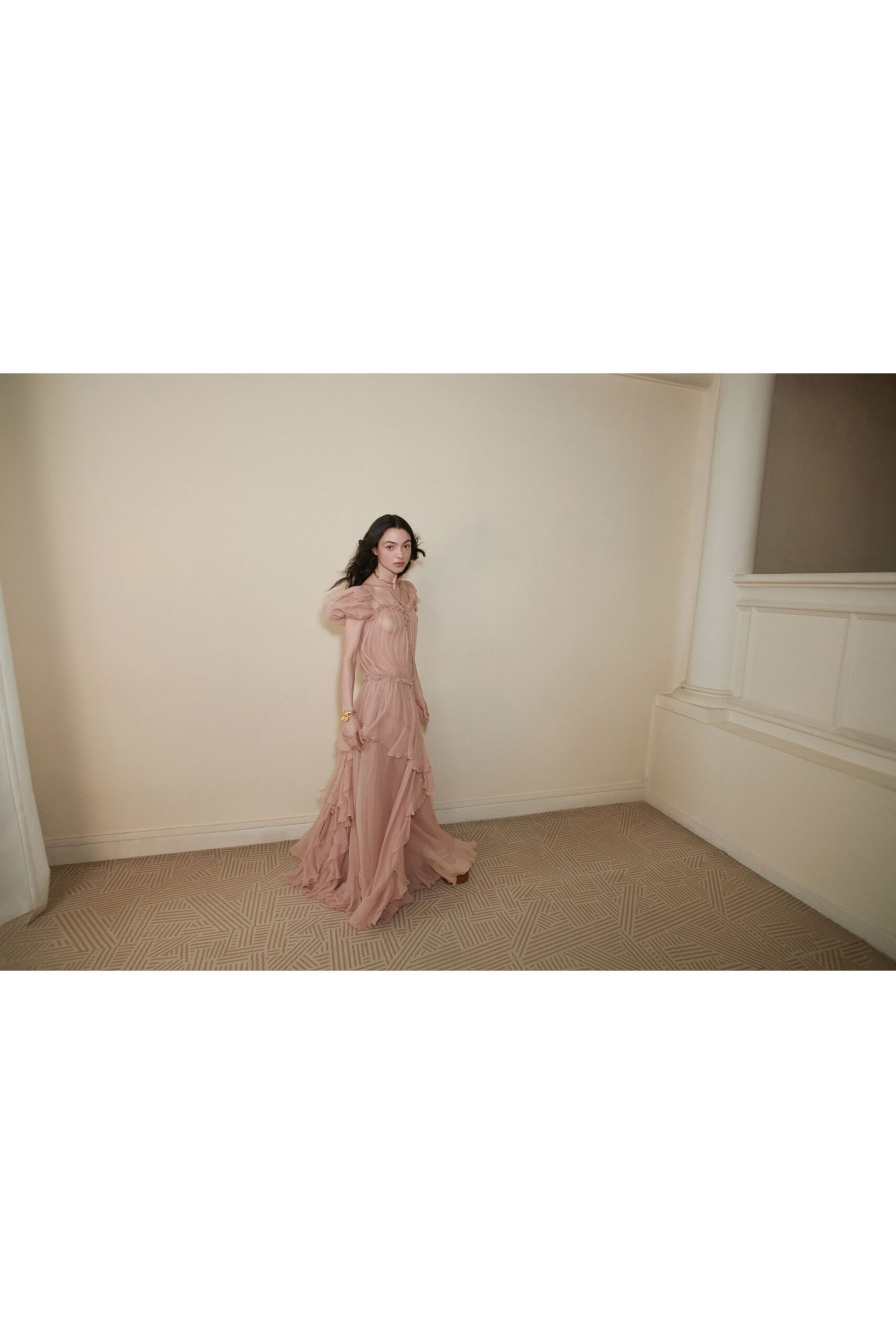 pink chiffon ruffled gown