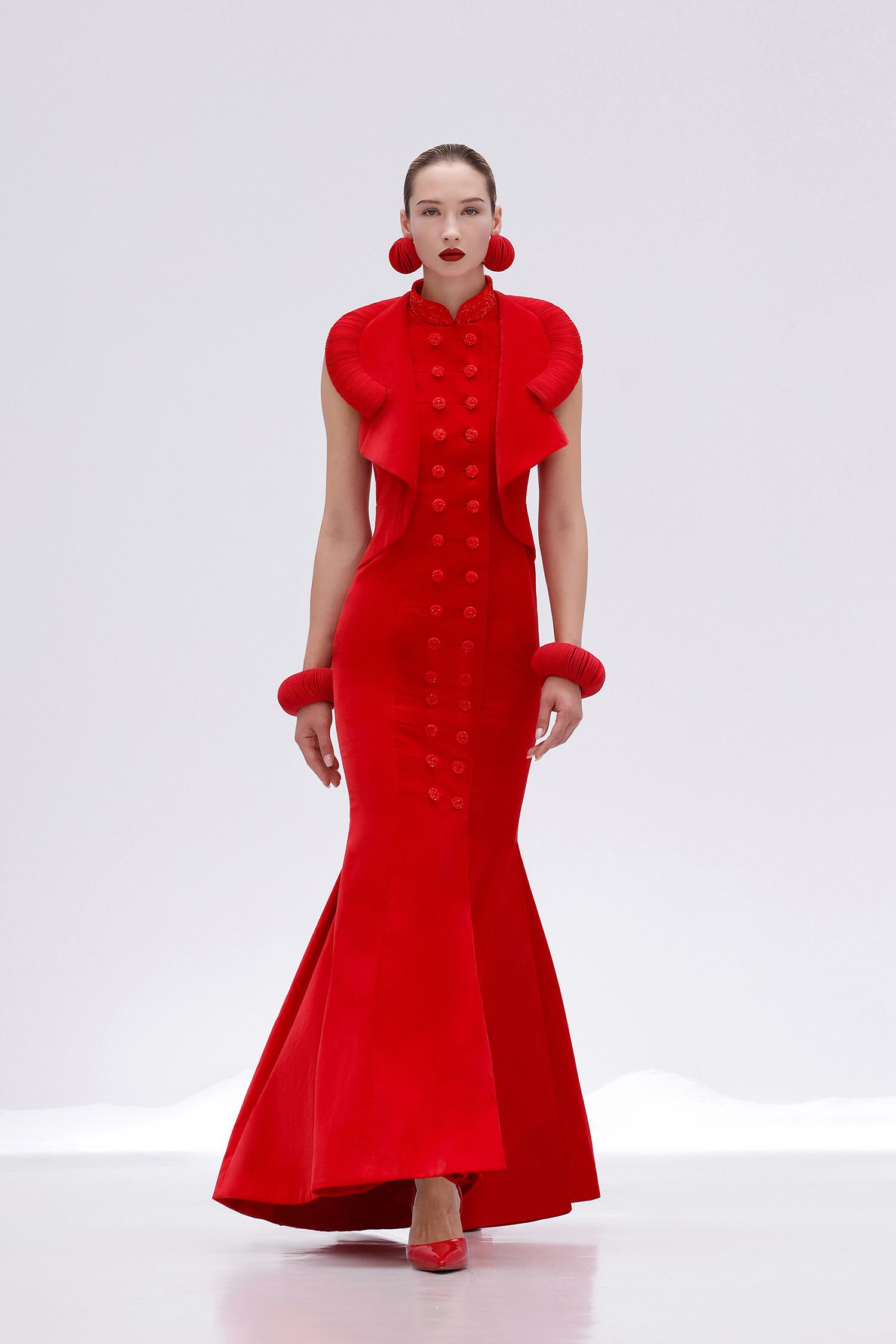 red silk long-sleeve collared fitted buttoned flared gown
