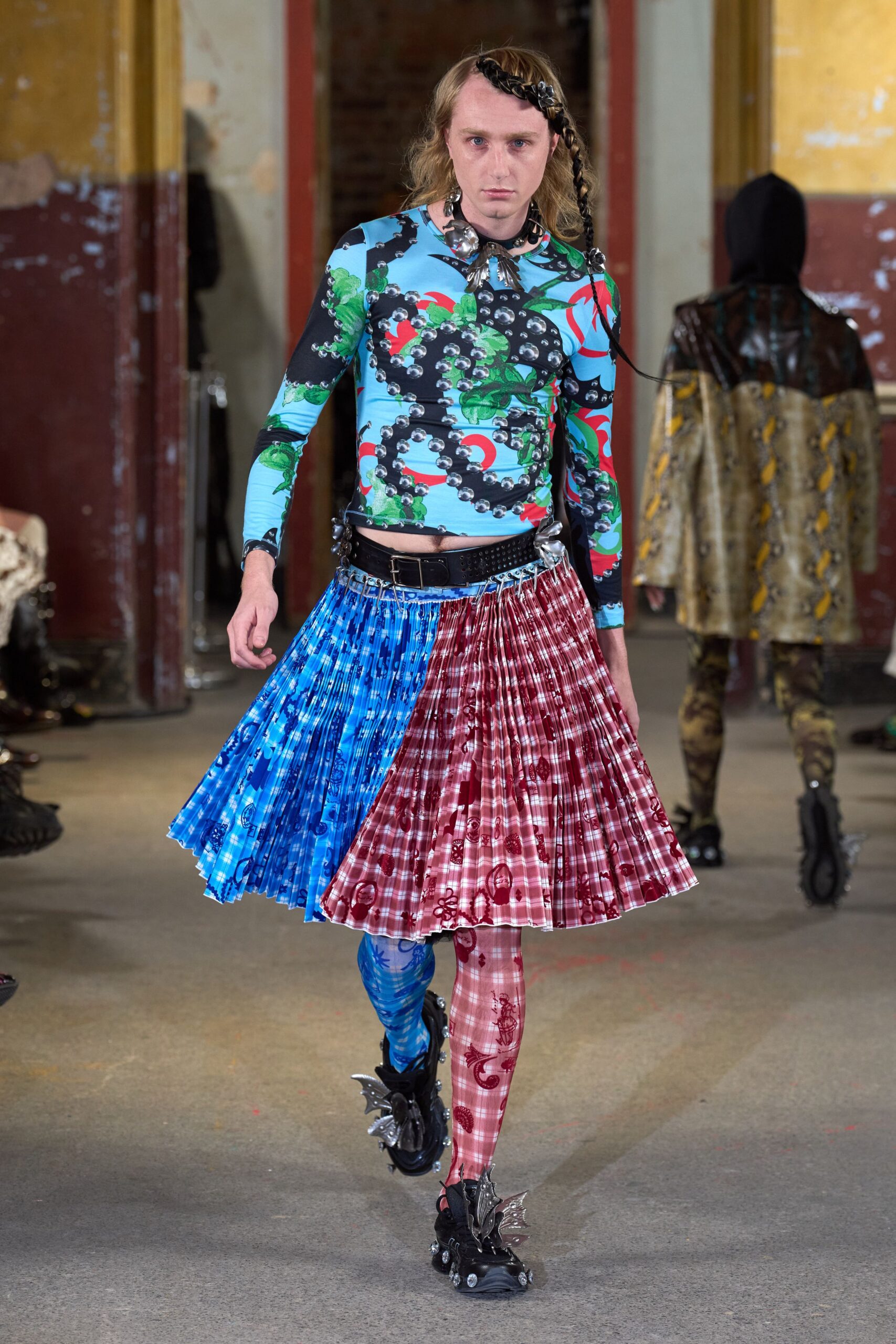 multi-colored fitted top with pleated skirt