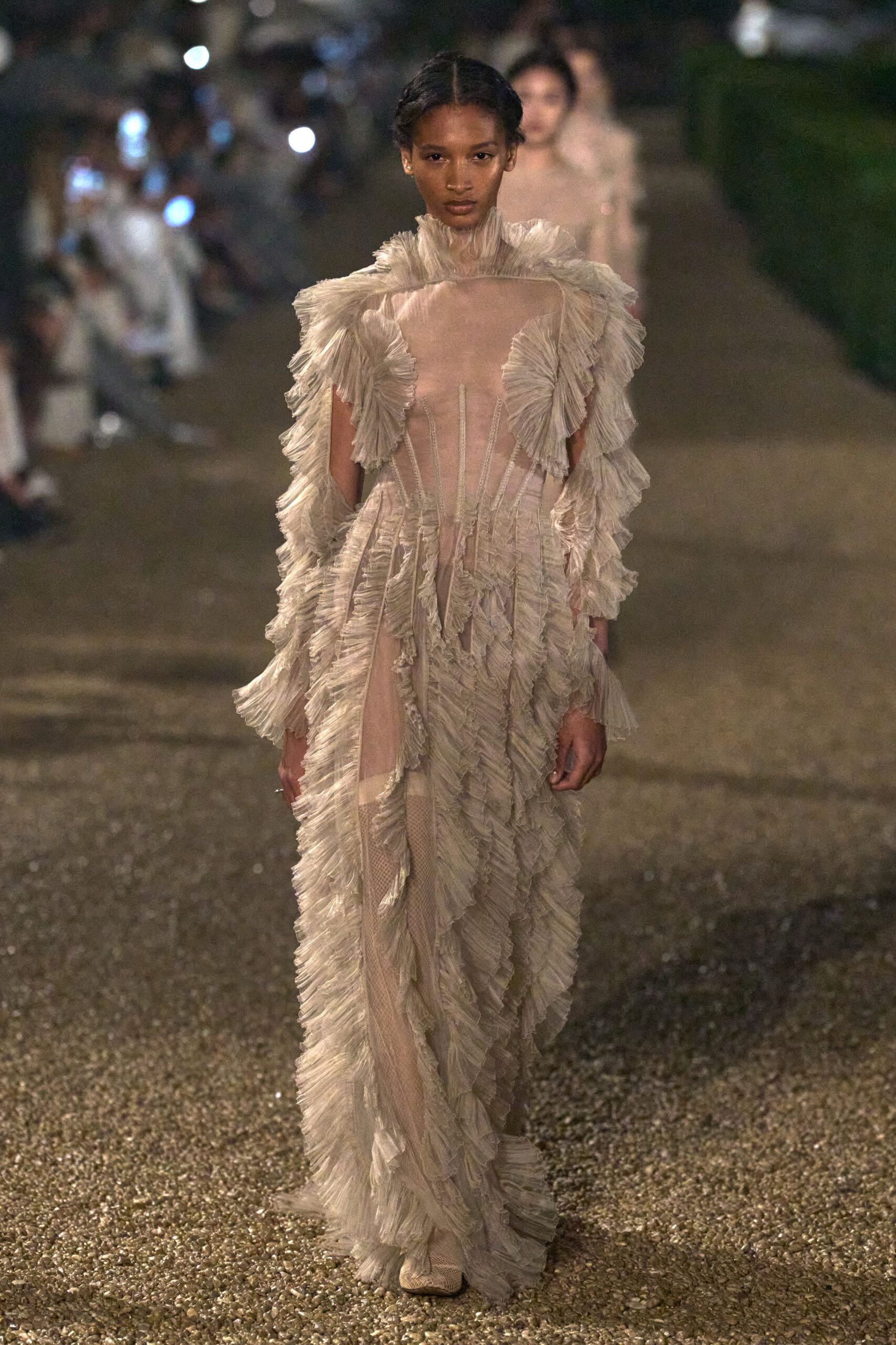 beige silk ruffled gown