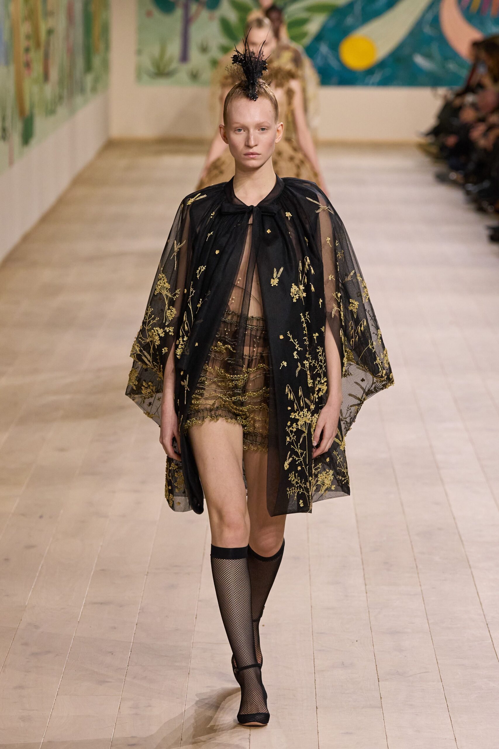black silk sleeveless relaxed embroidered sheer cape
