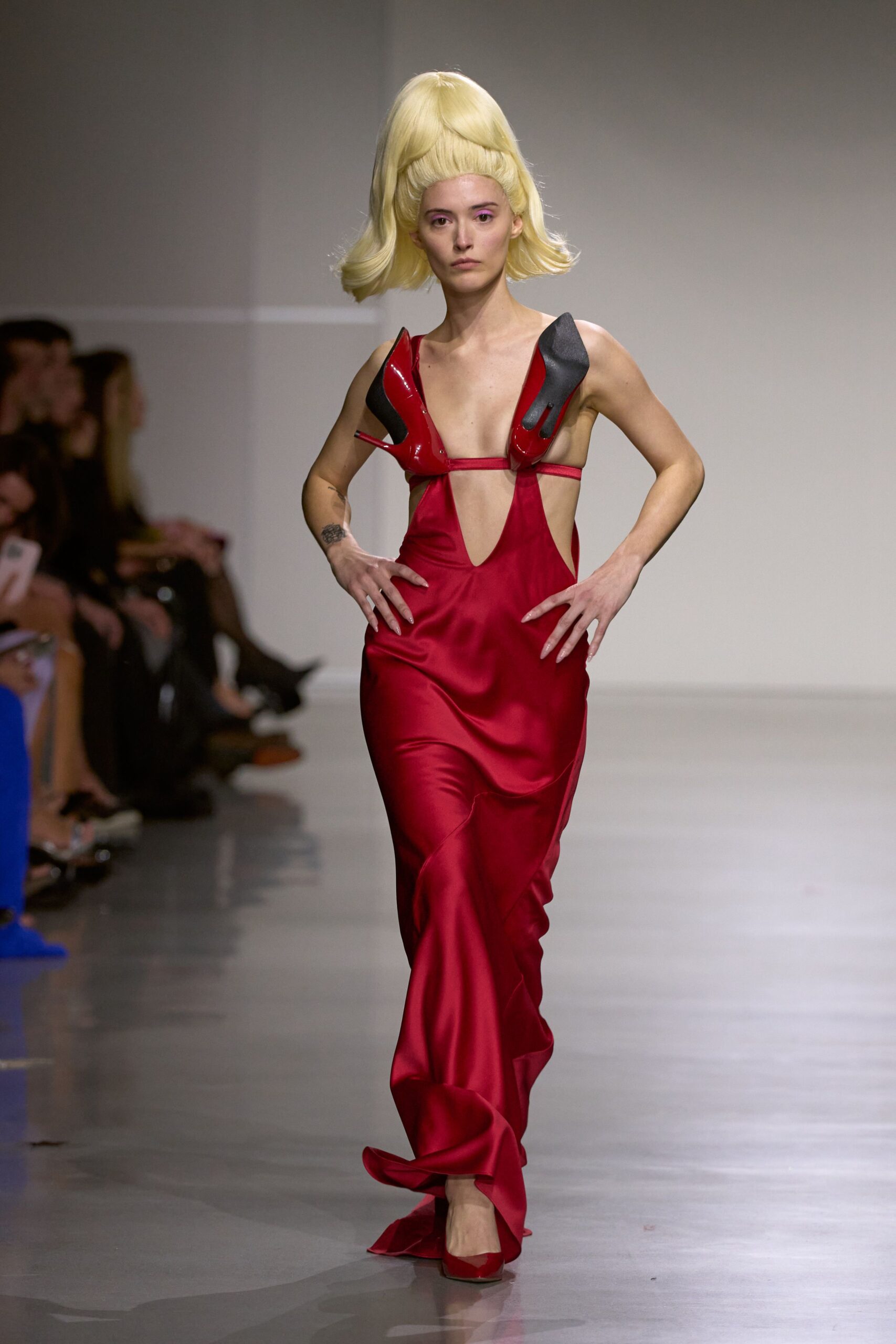 red satin sleeveless v-neck fitted draped maxi gown