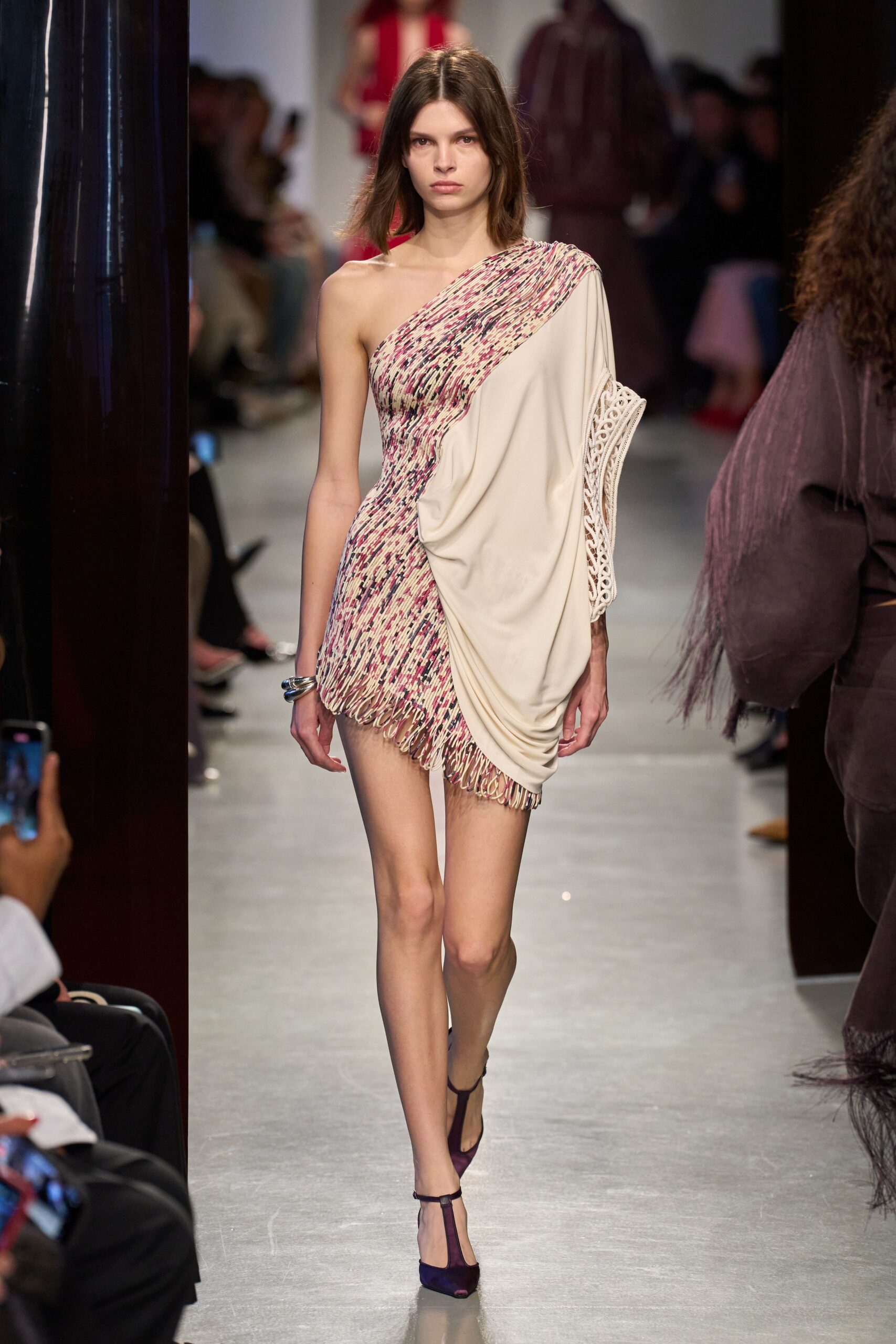 beige silk sleeveless asymmetric fitted fringed draped dress