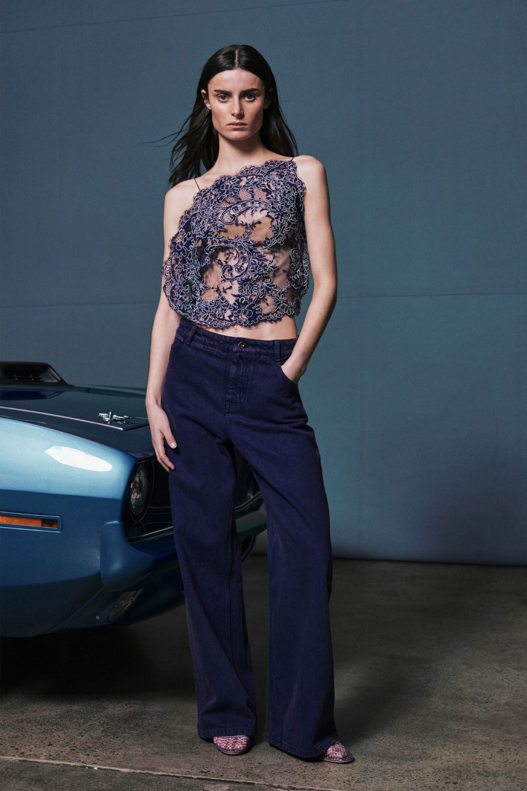 blue lace top with denim pants