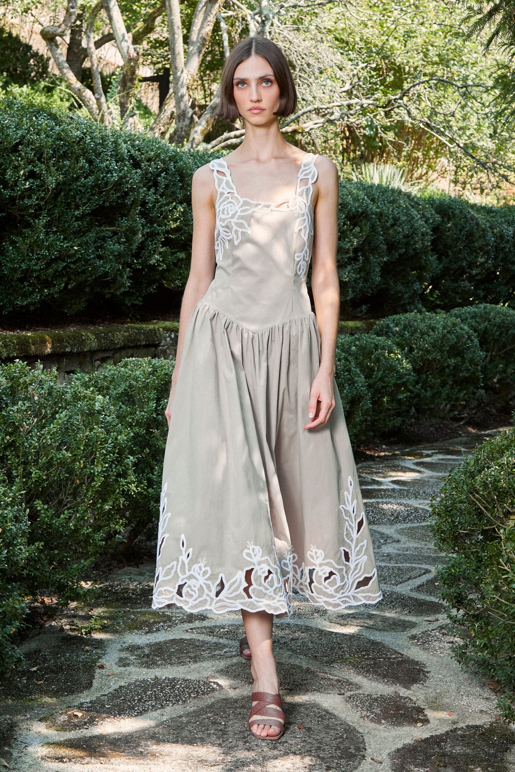 beige cotton sleeveless square-neck relaxed embroidered tiered dress