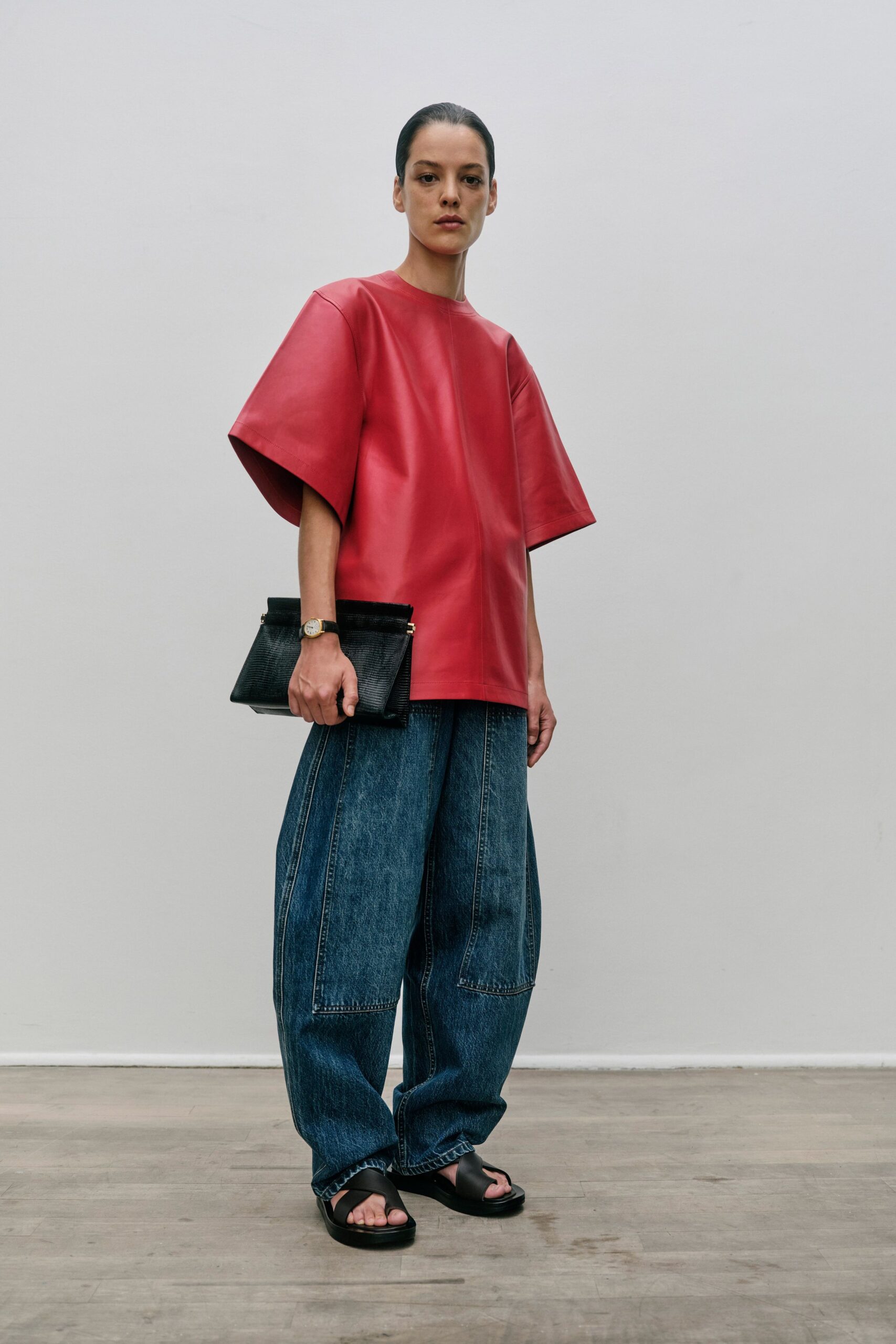red leather short-sleeve collared relaxed top