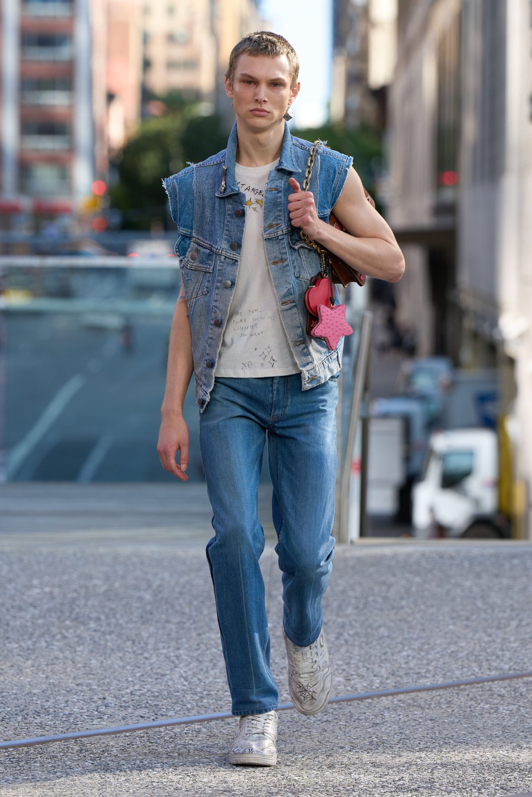 blue denim sleeveless fitted fringed vest