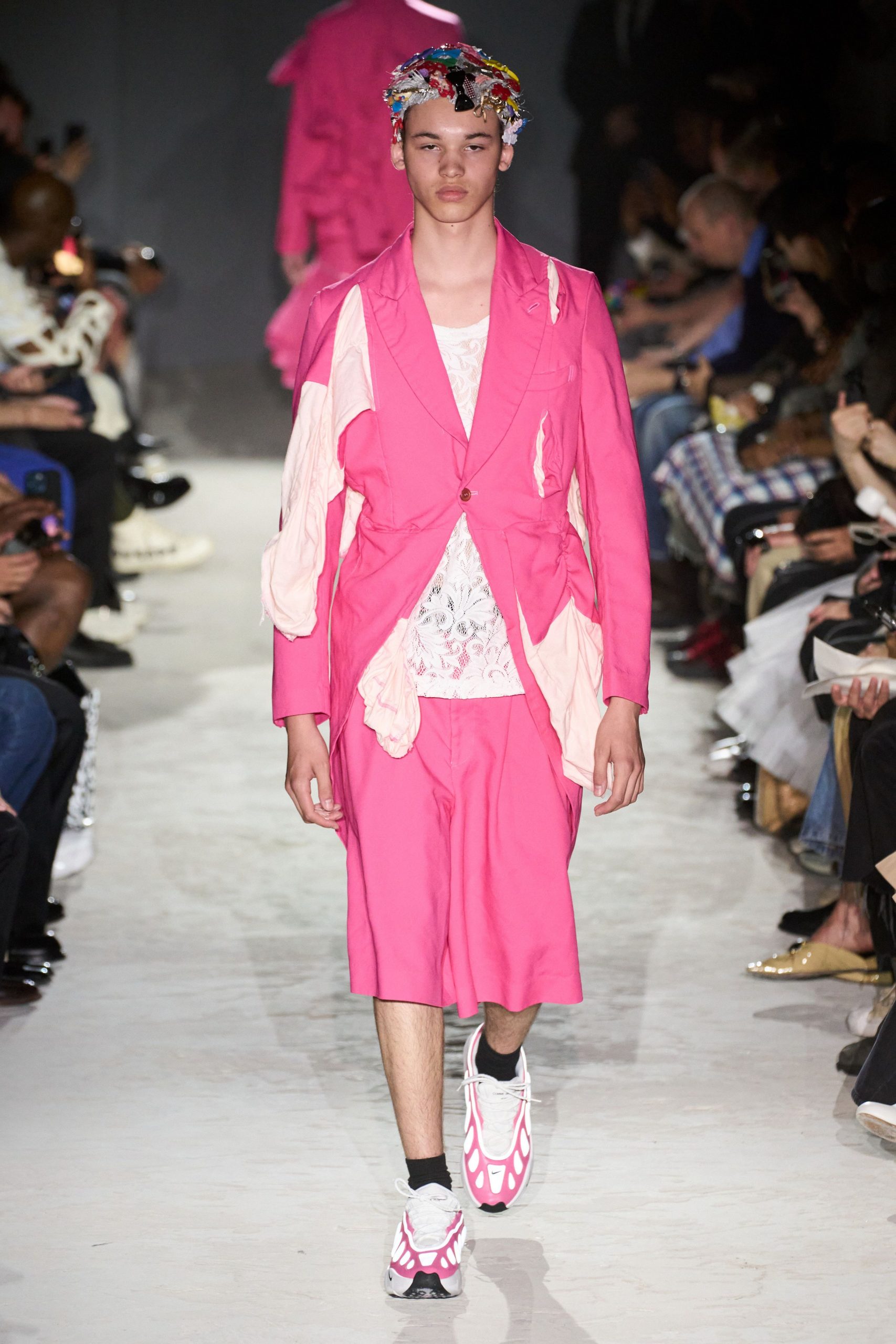 pink cotton long-sleeve collared structured layered blazer