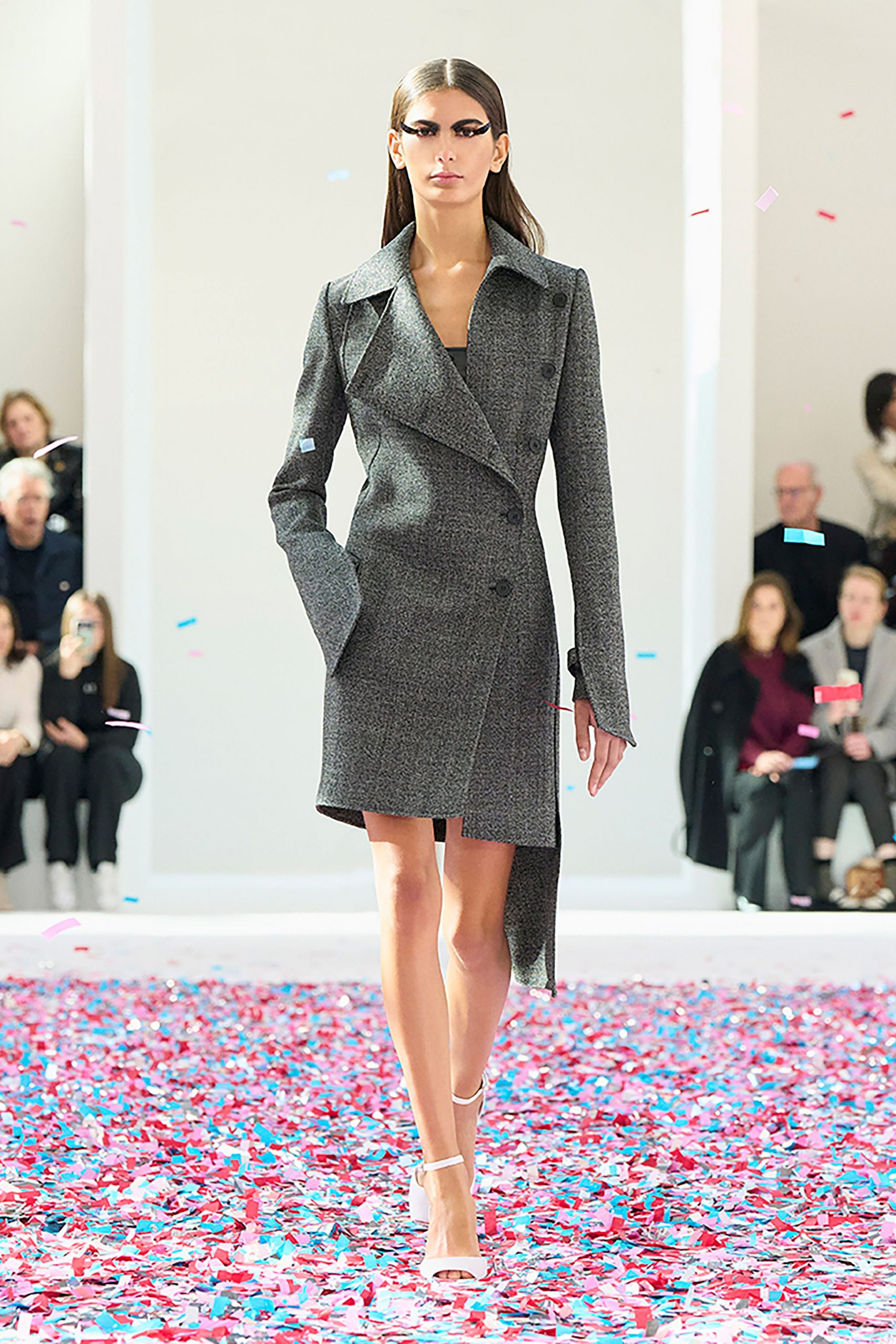 gray tweed long-sleeve collared structured coat